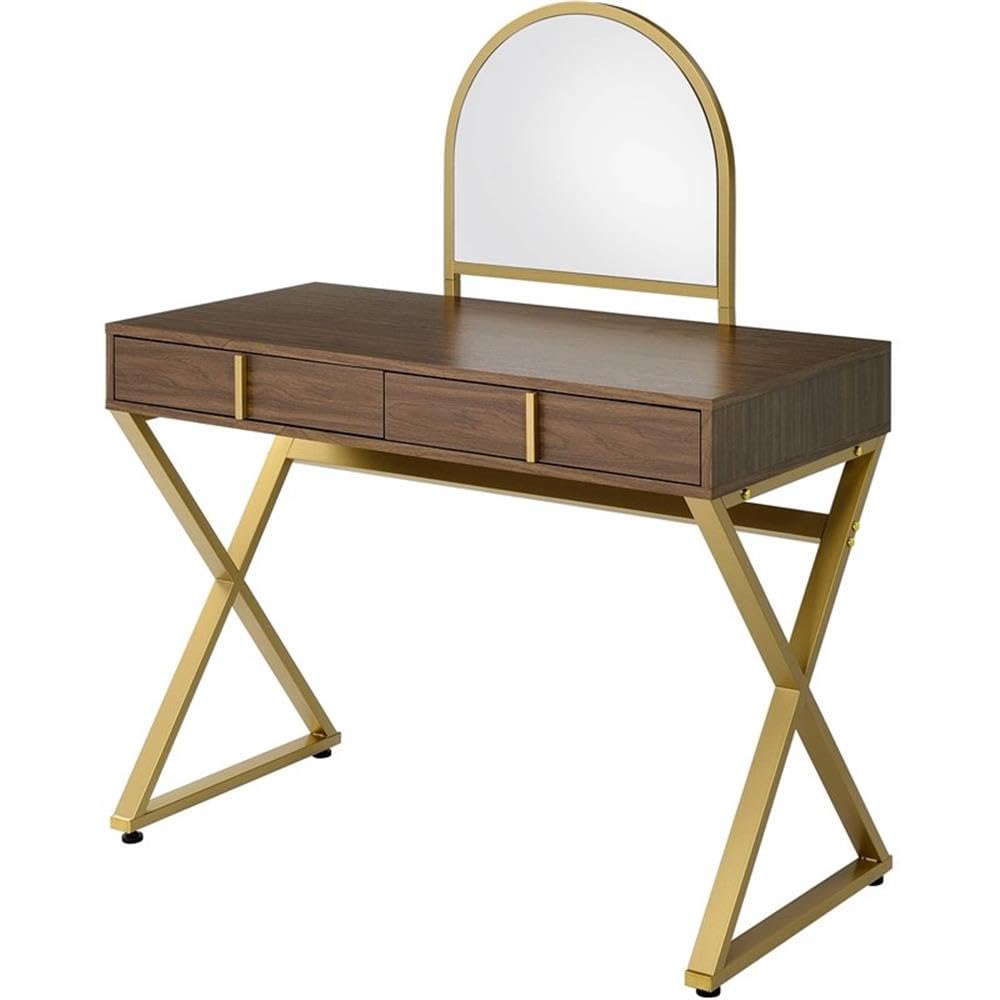 Acme Coleen Vanity Desk in Walnut & Gold Finish - Elegant Dressing Table with Mirror for Bedroom Makeup & Skincare Routine