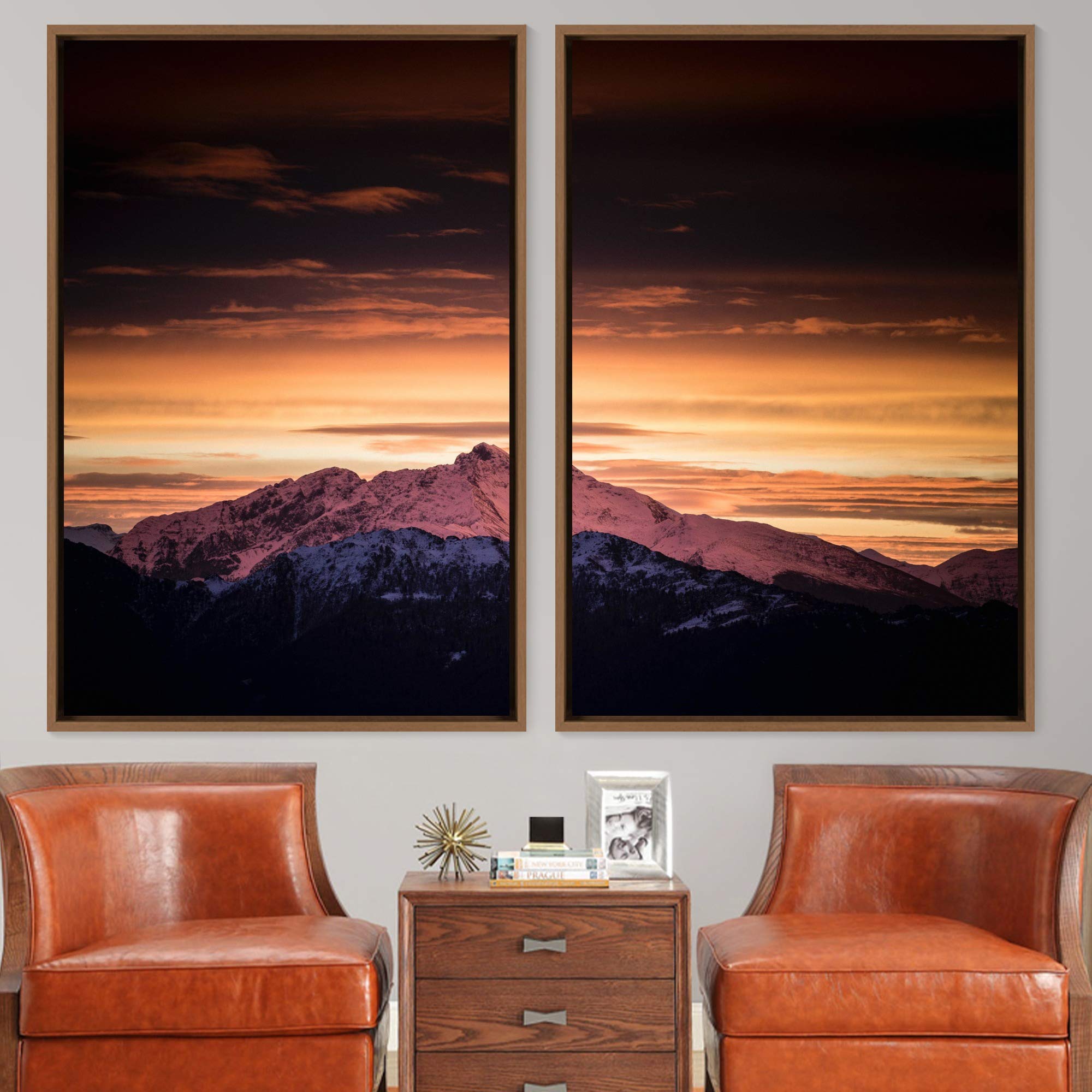 2-Piece Framed Mountain Sunset Canvas Wall Art - 24x36 Inch Landscape Painting for Living Room & Bedroom Decor | Ready-to-Hang Home Office Wall Decor