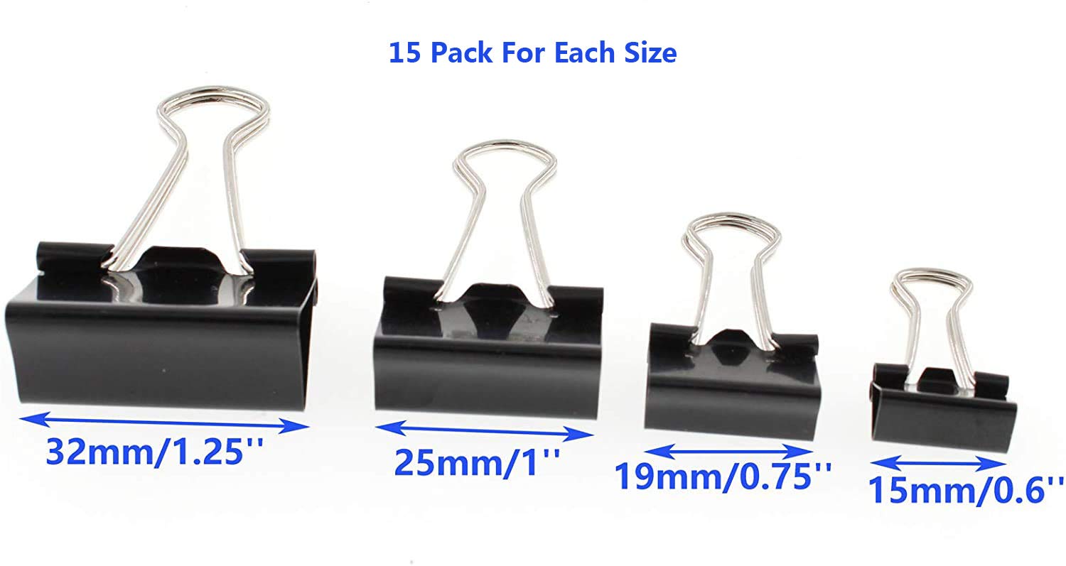 60 PCS Black Metal Binder Clips - Assorted Sizes (Large, Medium, Small) for Office & School Supplies - Heavy Duty Paper Clamps with Elastic Rubber Bands - Perfect for Organizing Documents, Files, and Homework Assignments