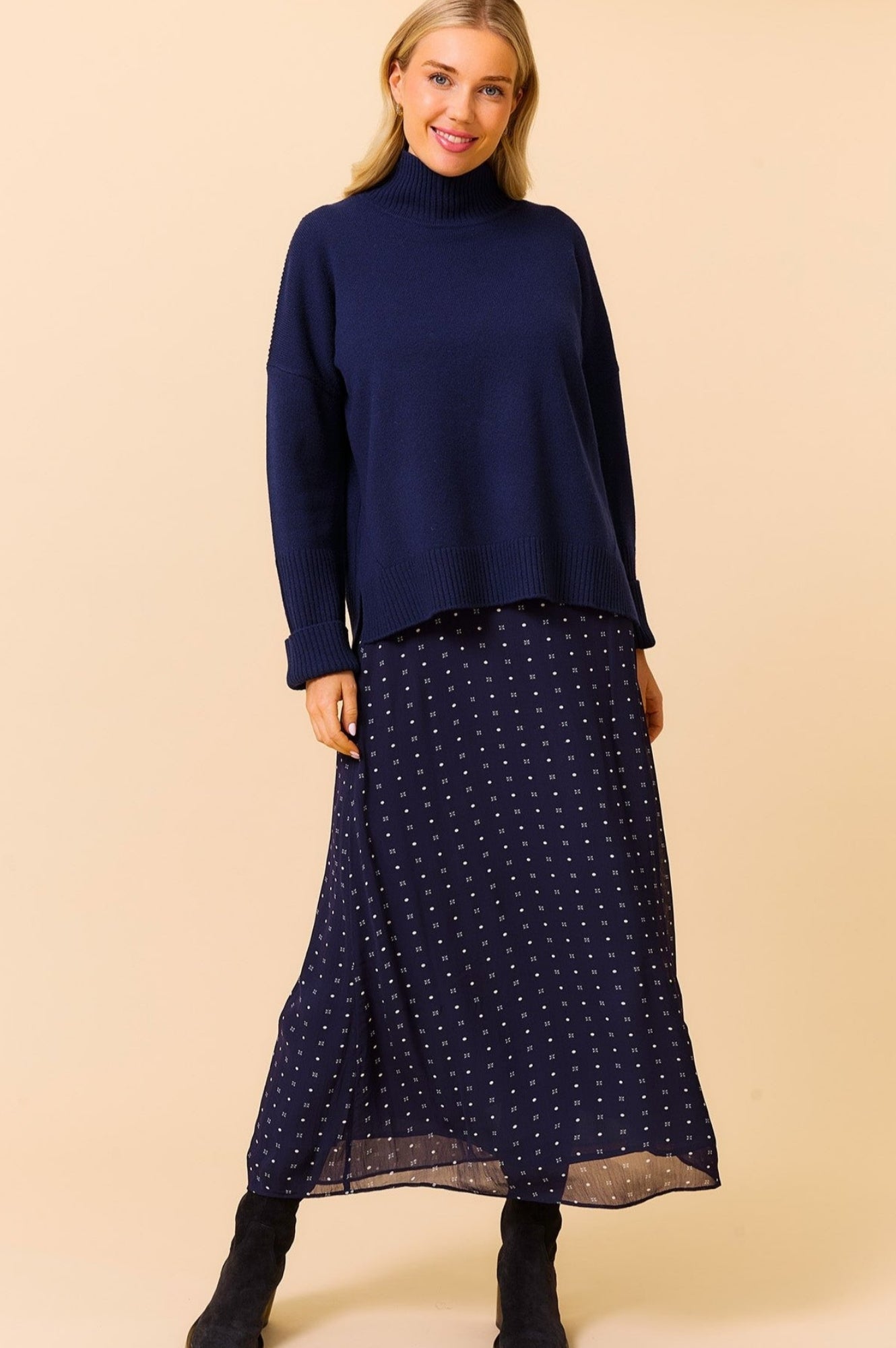 Kate Skirt - Navy & White Polka Dot Flared Midi Skirt for Women | Casual & Office Wear | Perfect for Spring & Summer Outfits