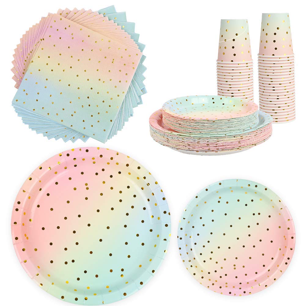 200-Piece Gold Dot Disposable Party Tableware Set - 50 Dinner Plates, 50 Dessert Plates, 50 Cups & 50 Napkins for Birthday, Baby Shower, Wedding, Rainbow Theme Party - Elegant & Convenient Table Setting for 50 Guests