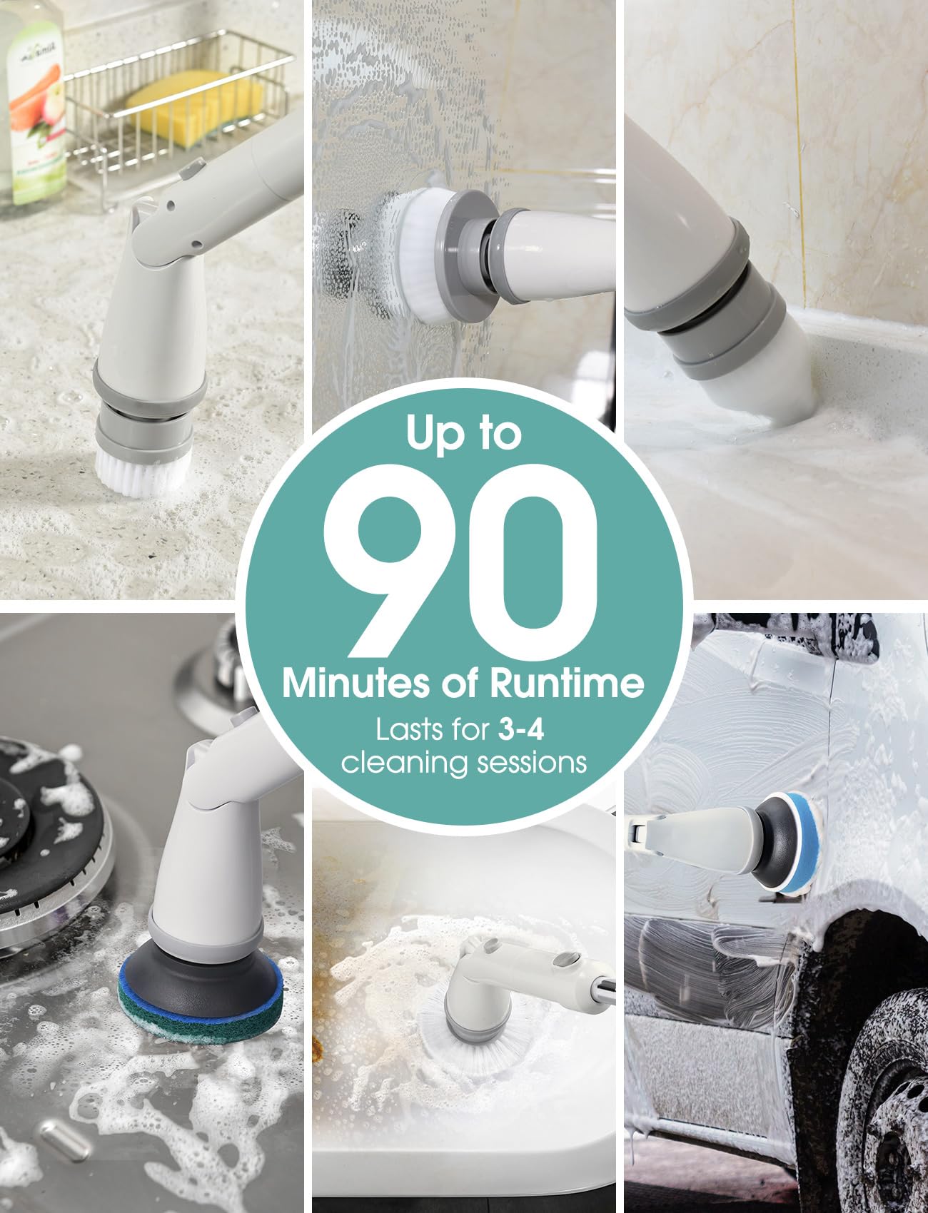 Electric Spin Scrubber SW1 - Cordless Shower Scrubber with Extendable Handle, 2 Speed Settings & 8 Brush Heads - Bathroom Cleaning Tool for Tubs, Tiles, Floors & Showers - Perfect for Deep Cleaning Grout and Hard-to-Reach Areas