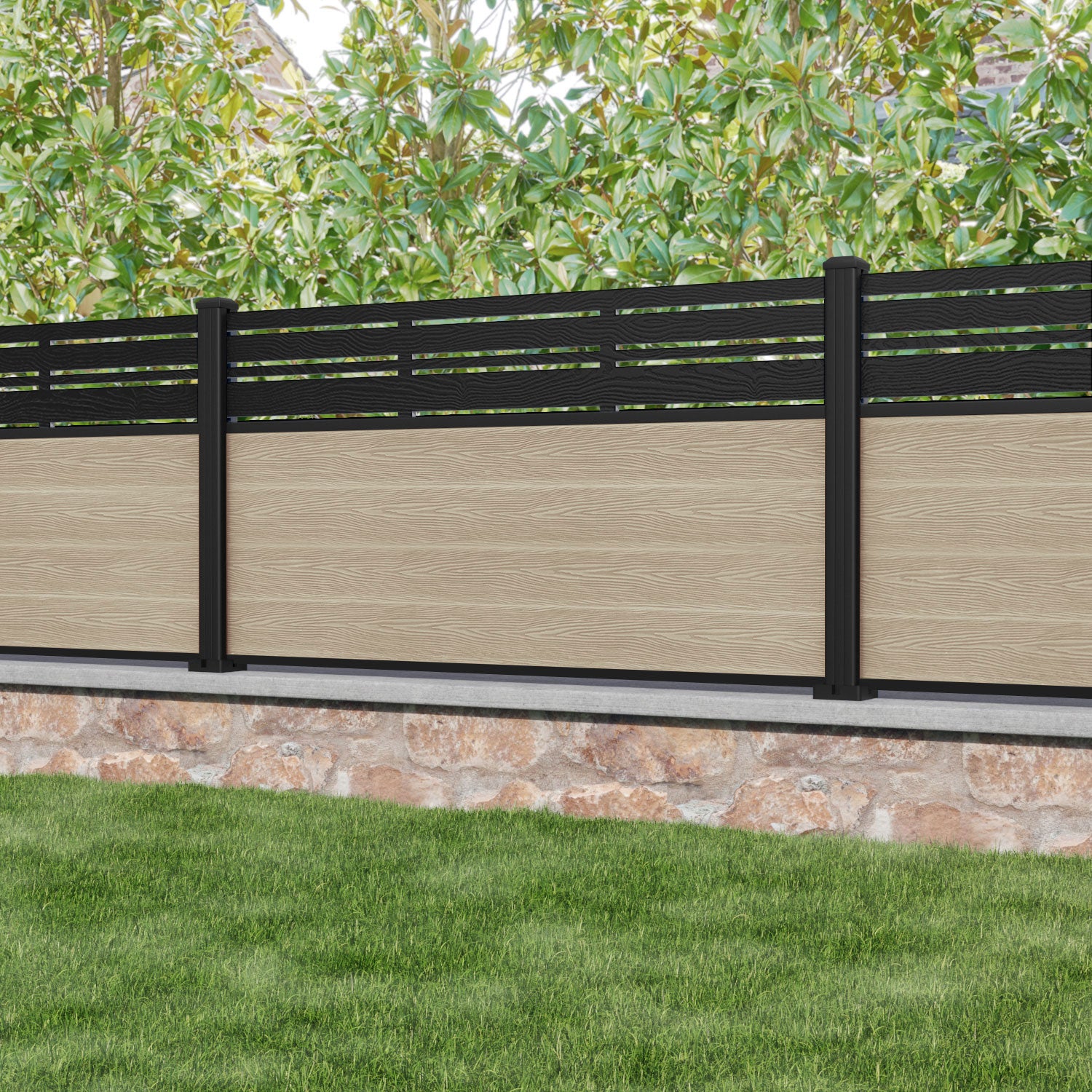 Classic Linea Fence Panel - Light Oak Wood with Aluminum Posts | Durable Outdoor Privacy Fence for Backyard, Garden & Pool Area