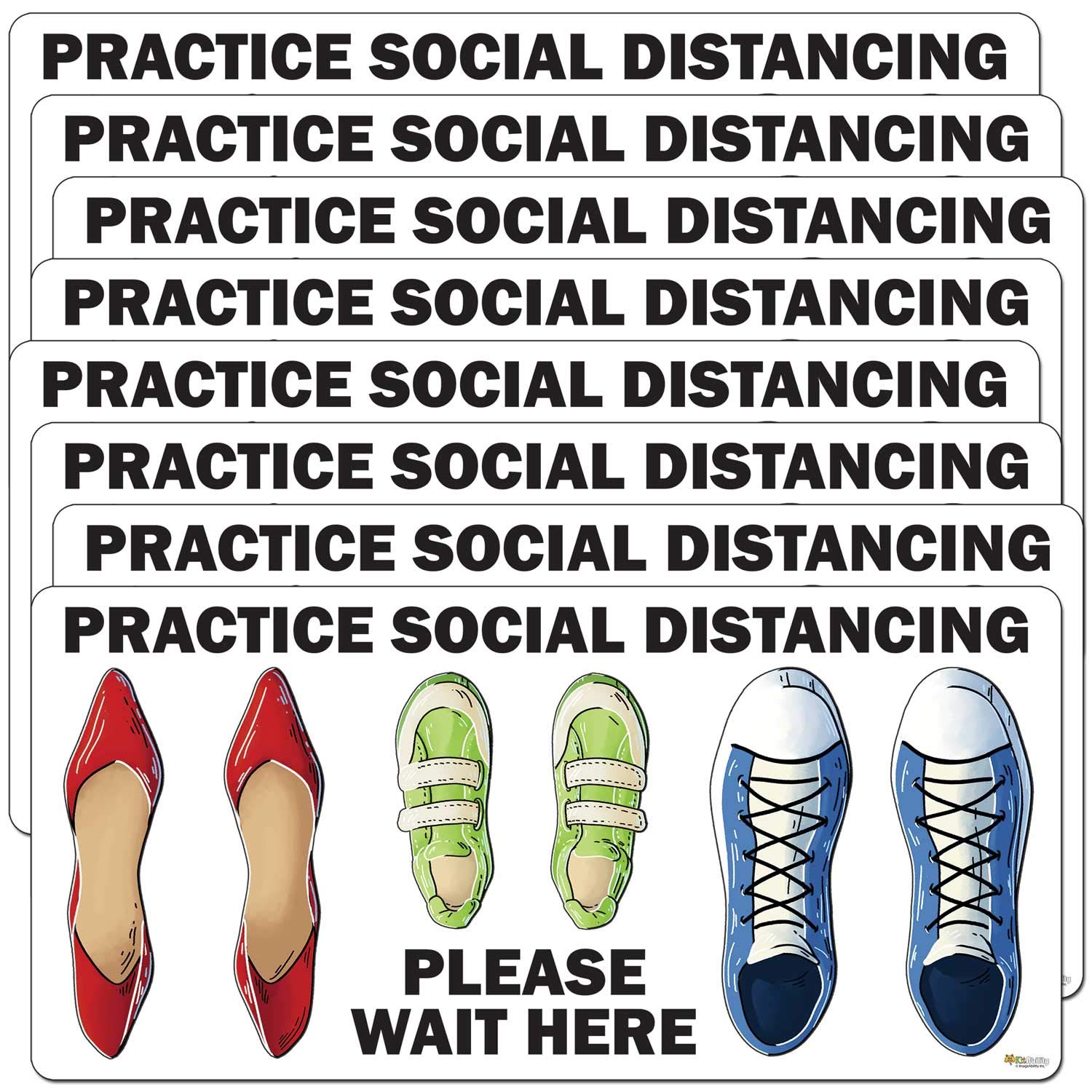 8 Pack Non-Slip Social Distancing Floor Stickers - 23x11 Inch Shoe Graphics with 'Please Wait Here' Text for Retail Stores, Restaurants & Public Spaces
