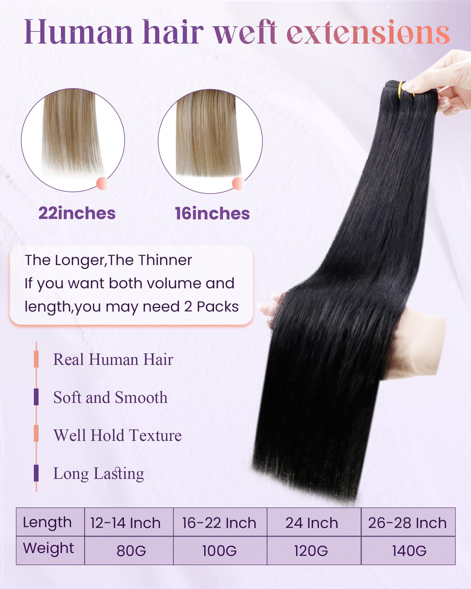 LaaVoo 22 Inch Sew-in Human Hair Extensions - 100g Black Straight Weft Hair for Women | Natural & Long-Lasting | Perfect for Styling, Volume Boost & Everyday Wear