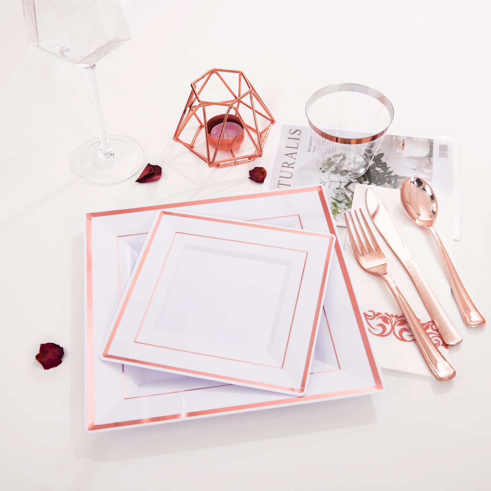 300-Piece Rose Gold Plastic Cutlery Set & 100-Piece Rose Gold Plastic Plates - Elegant Disposable Tableware for Weddings, Parties, and Special Events