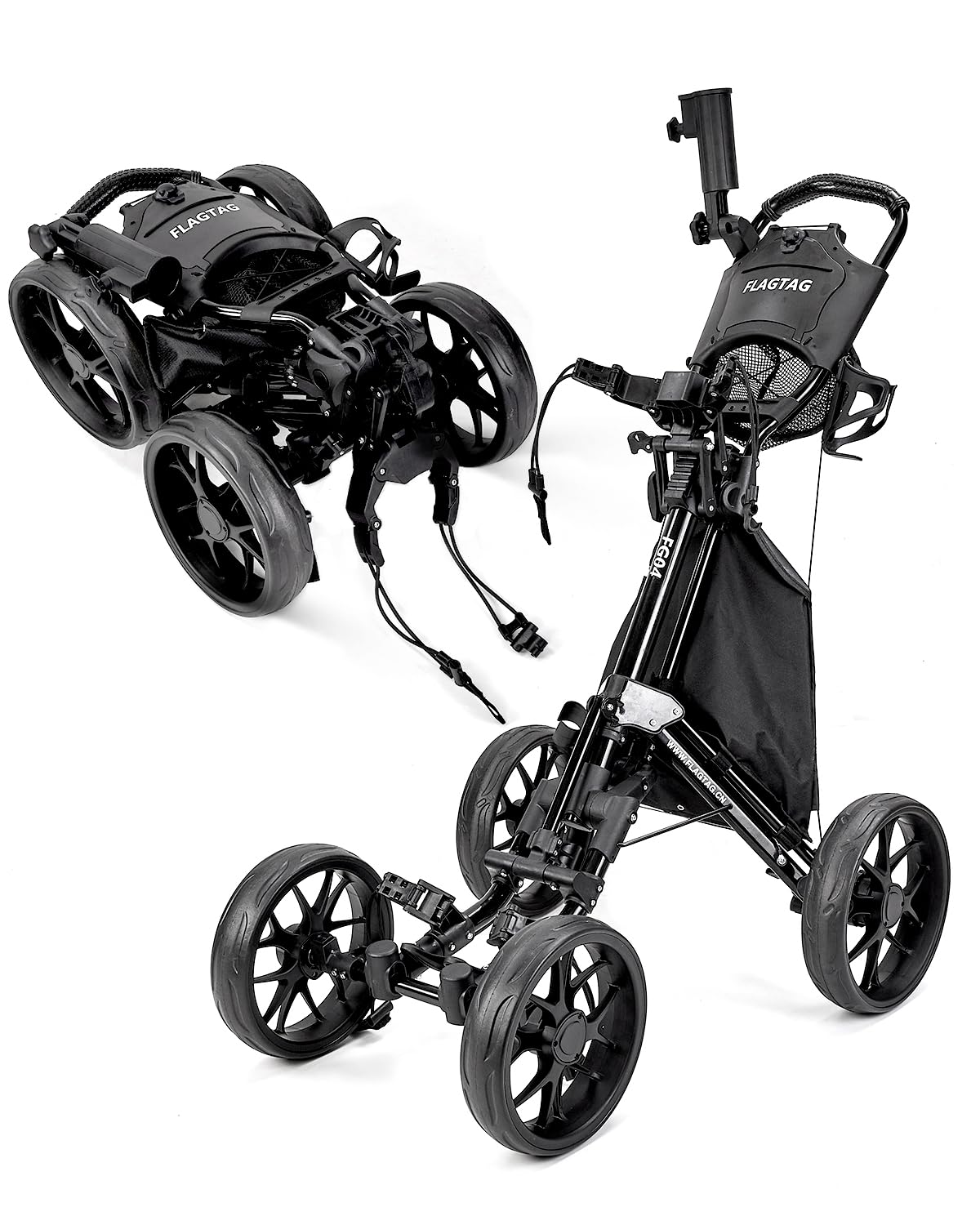 4-Wheel Folding Golf Push Cart with Cup Holder, Umbrella Holder & Cooler Bag - One-Click Foldable Design, Adjustable Handle Height - Perfect for Walking Golfers on the Course or Driving Range