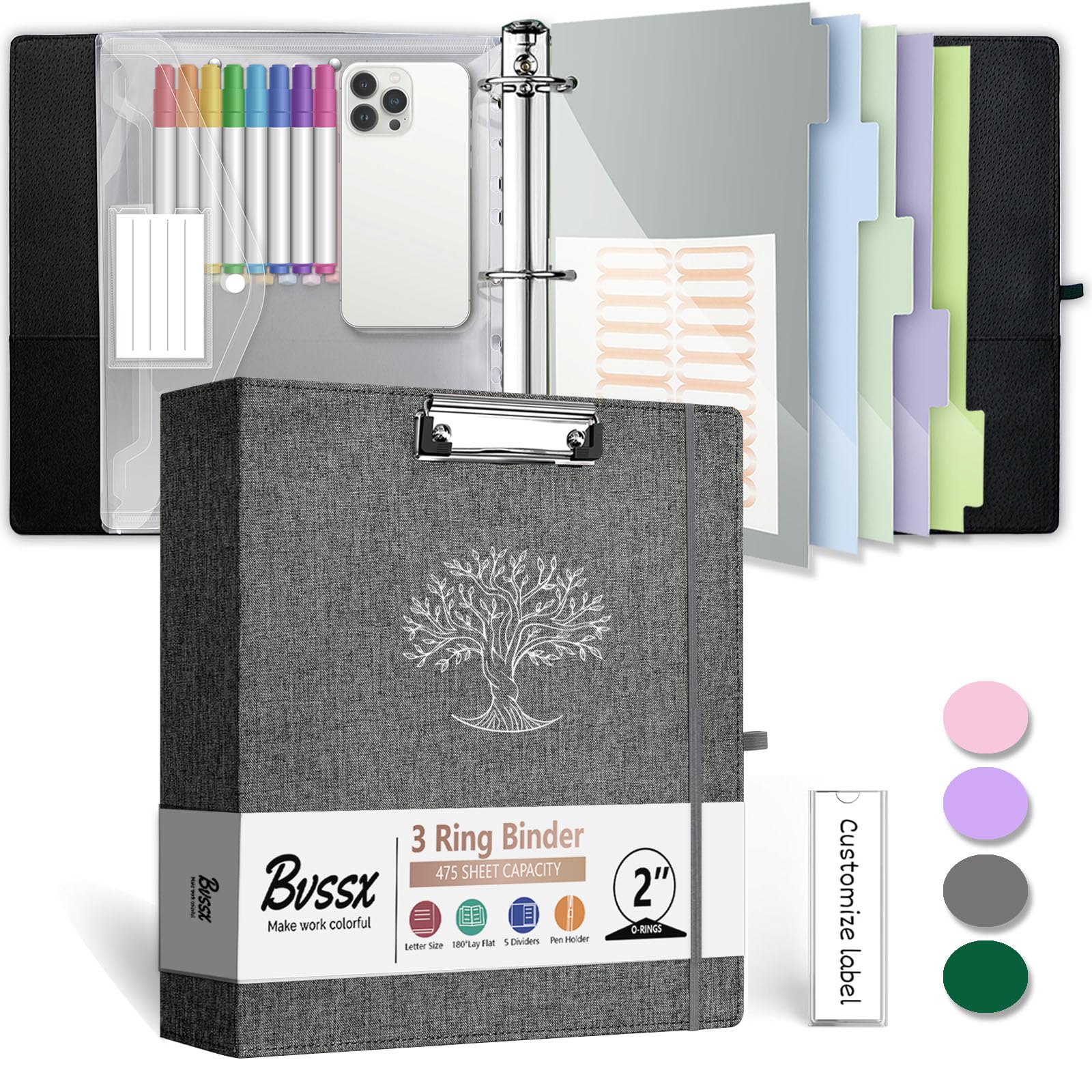Premium 2 Inch 3-Ring Binder with Clipboard - Linen Leather Organizer for Letter Size Paper, Includes 5 Tab Dividers, Transparent Folder, File Labels, Pen Loop & Elastic Strap (Dark Grey) - Perfect for Office, School, Business Meetings & Document Organization