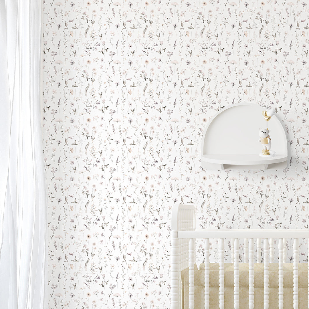 Tiny Neutral Wildflowers Wallpaper S064 - Botanical Peel and Stick Wallpaper for Bedroom, Nursery & Home Decor | Self-Adhesive Removable Wallpaper