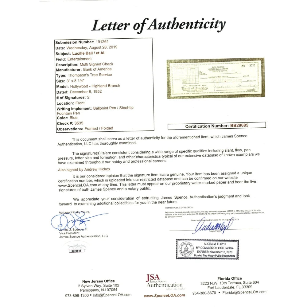Authentic Lucille Ball Signed Personal Check with JSA COA - Framed I Love Lucy & Desi Arnaz Memorabilia - Perfect for Collectors, Fans, and Home Theater Decor