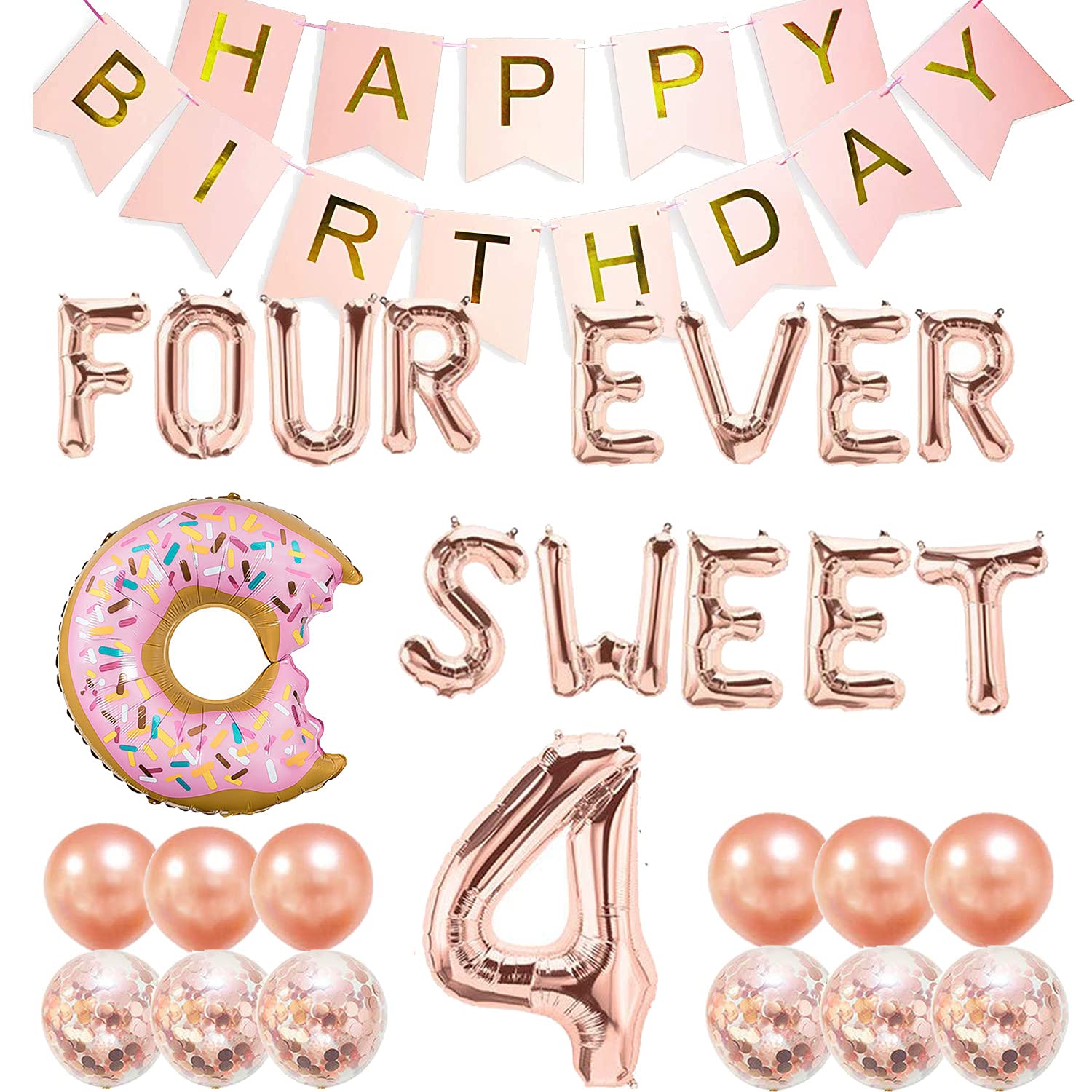 4th Birthday Party Decorations Set - Donut Themed Four Ever Sweet Backdrop, Balloons & Supplies for Girls & Boys | Perfect for 4 Year Old Birthday Celebrations, Classroom Parties & Photo Backdrops