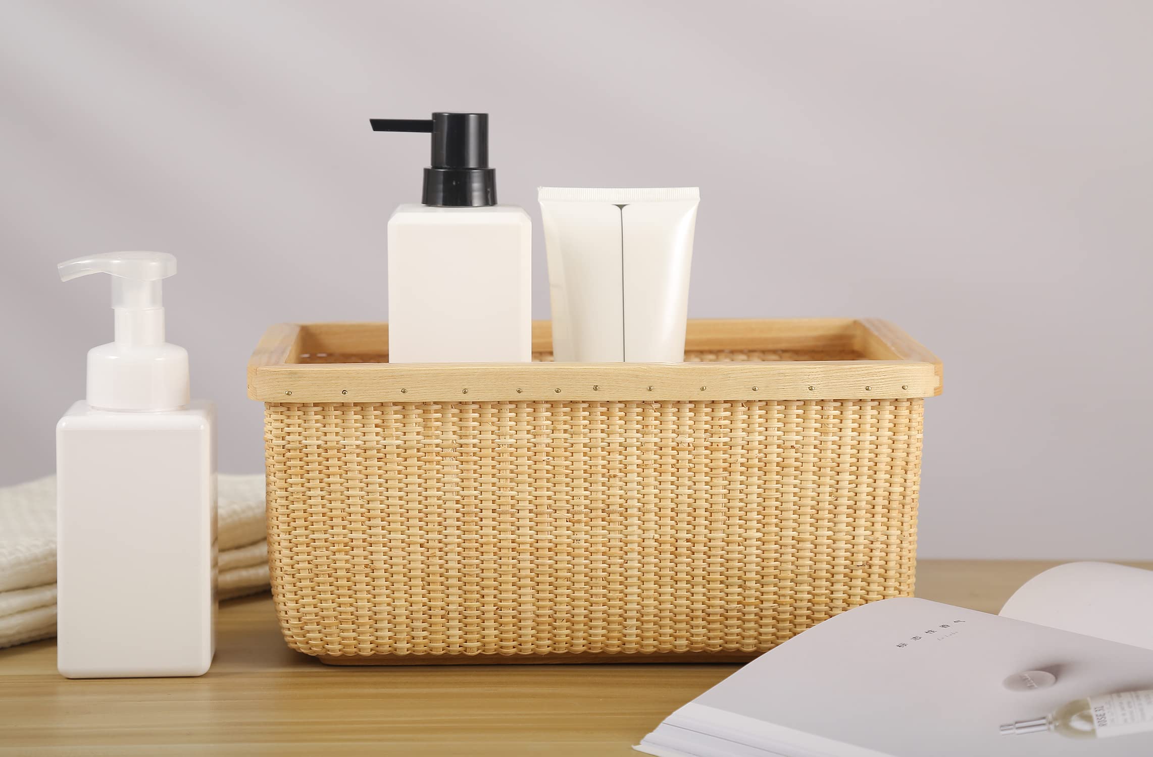 Handmade Nantucket Cane Basket with Lid - Finely Woven Rectangular Storage Container for Home Organization | Decorative Shelf Baskets for Living Room, Bedroom & Bathroom Storage