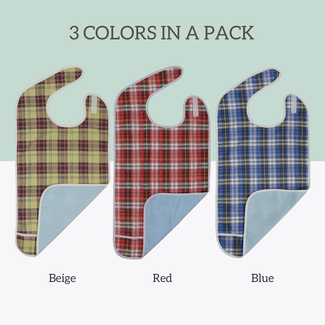 Modaliv Adult Bibs - 3 Pack Waterproof Reusable Bibs with Crumb Catcher for Seniors - Washable Extra Long Clothing Protectors for Men & Women (Blue, Beige, Red) - Perfect for Dining, Assisted Living & Mealtime Independence