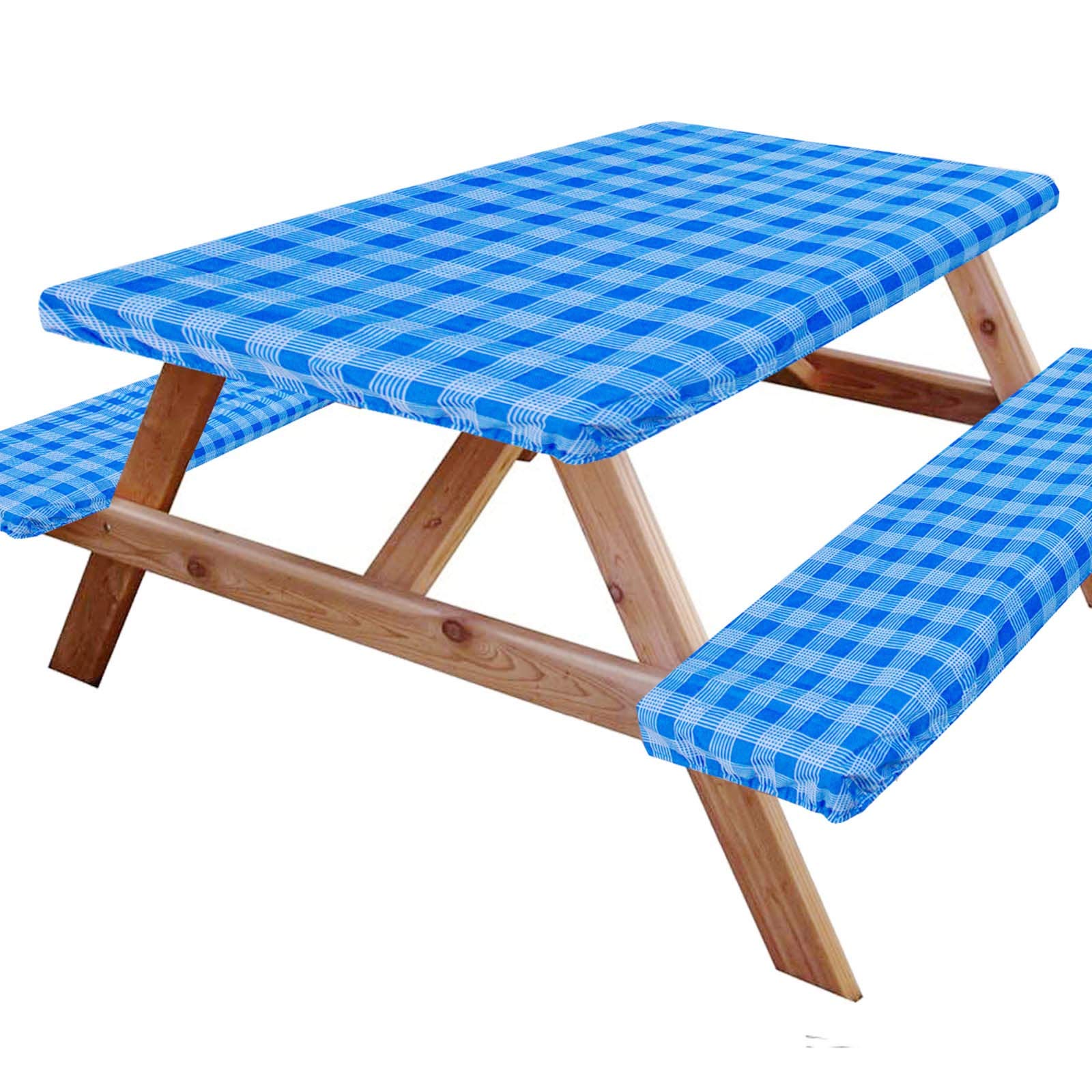 6' Reusable Waterproof Vinyl Picnic Table Bench Covers - Elastic Fitted Tablecloth (72x28 Inch) - Heavy Duty 3-Piece Set for Camping, Patio, Park - Blue | Outdoor Dining, BBQ, Picnic, Backyard Parties