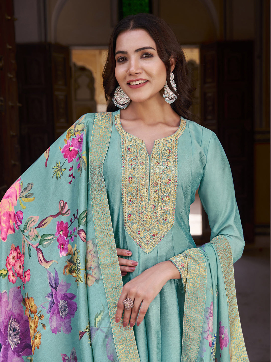 Elegant Aqua Blue Heavy Designer Semi Stitched Anarkali Dress with Intricate Embroidery - Perfect for Weddings, Parties & Special Occasions