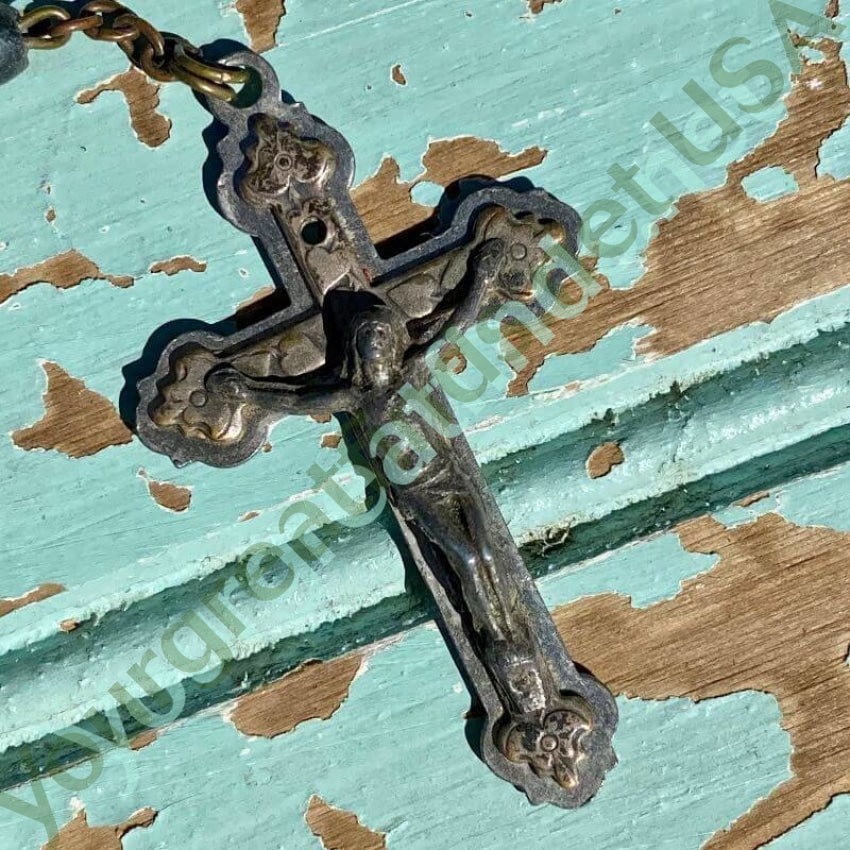 Vintage Charcoal Gray Beaded Rosary Necklace - Antique Patina Finish Catholic Prayer Beads for Religious Devotion & Spiritual Gifts