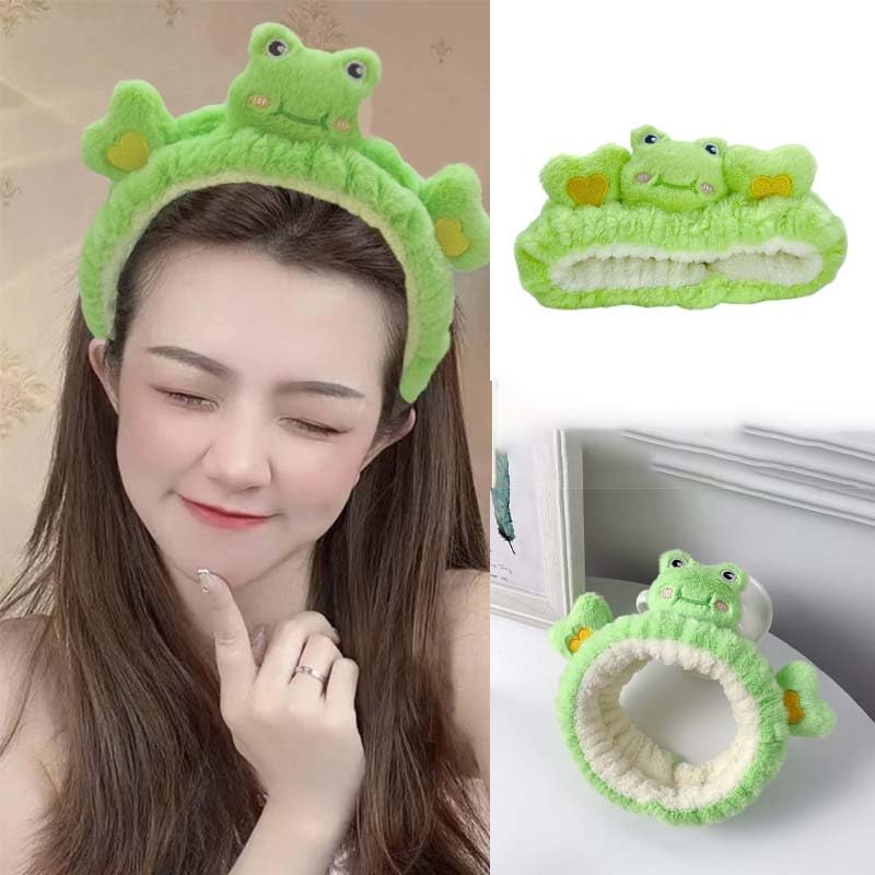 Soft Green Frog Microfiber Spa Headband for Women - Cute Kawaii Hair Band for Skincare, Makeup & Washing - Fluffy Towel Headbands for Girls - Perfect for Facial Care, Showering & Relaxation