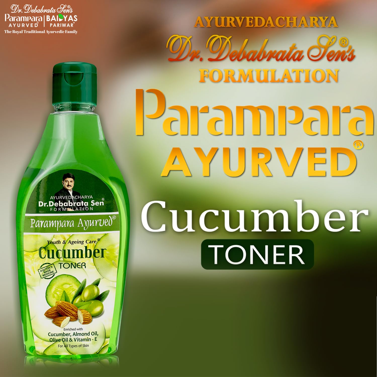 Parampara Ayurvedic Cucumber Toner with Vitamin E, Almond Oil & Olive Oil | Hydrating, Anti-Pigmentation, Pore Tightening & Acne Treatment | Deep Cleanser for Clear Skin | Sun Damage Repair & Skin Refreshment | 250ml | Perfect for Daily Skincare Routine & Post-Sun Care