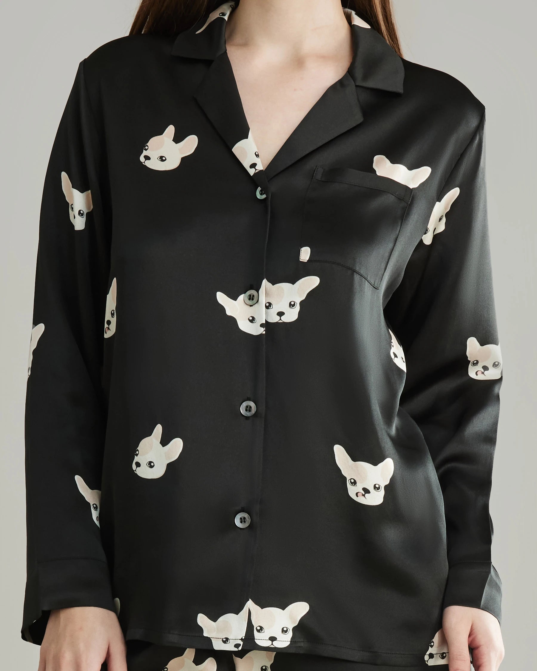 Soft & Comfortable Puppy Print Silk Pajama Set for Women - Cute Animal Pajamas for Sleepwear, Lounge Wear & Relaxing at Home