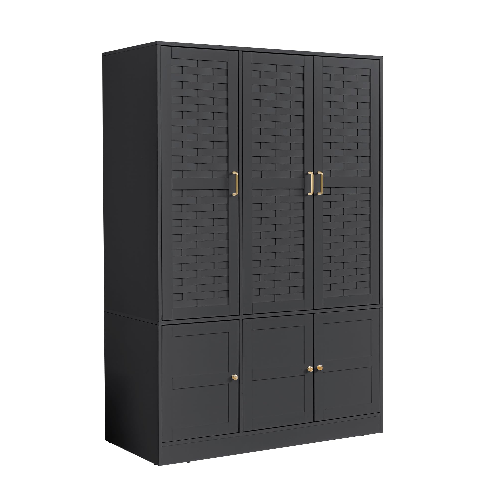 LEVNARY 6-Door Woven Wardrobe Closet - Walnut Armoire Cabinet with Adjustable Shelves & Hanging Rail | High-Capacity Freestanding Bedroom Storage | Perfect for Small Spaces & Apartment Organization (Black)