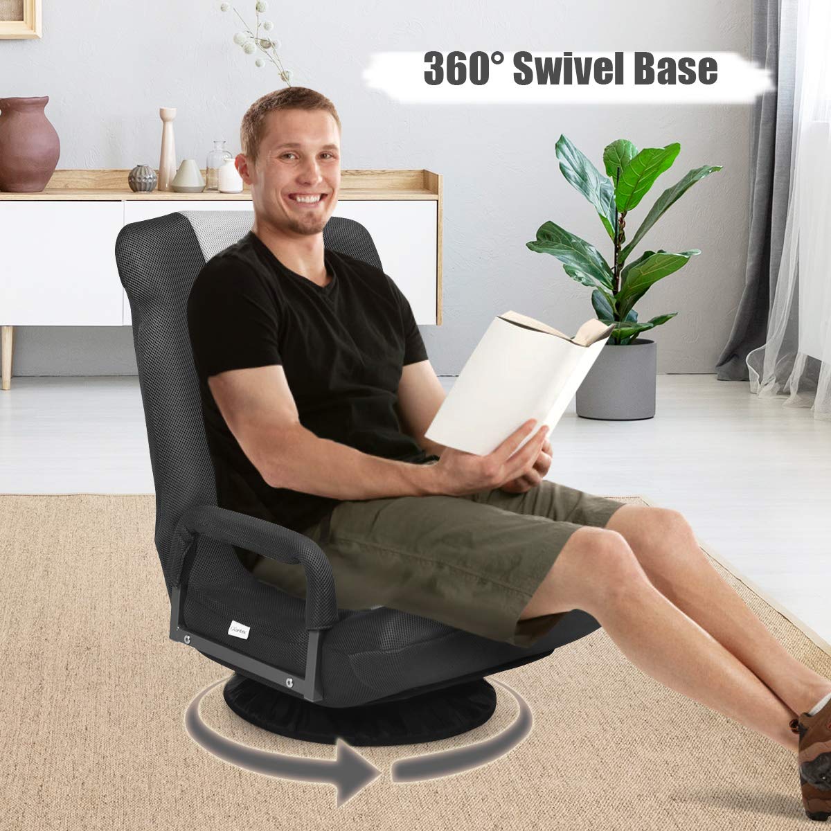 Giantex 360 Degree Swivel Floor Chair with Adjustable Backrest & Lumbar Support - Foldable Armrest Sofa Rocker for Living Room, Bedroom, TV Watching, Reading & Gaming - Black/Grey Home Comfort Seating Solution