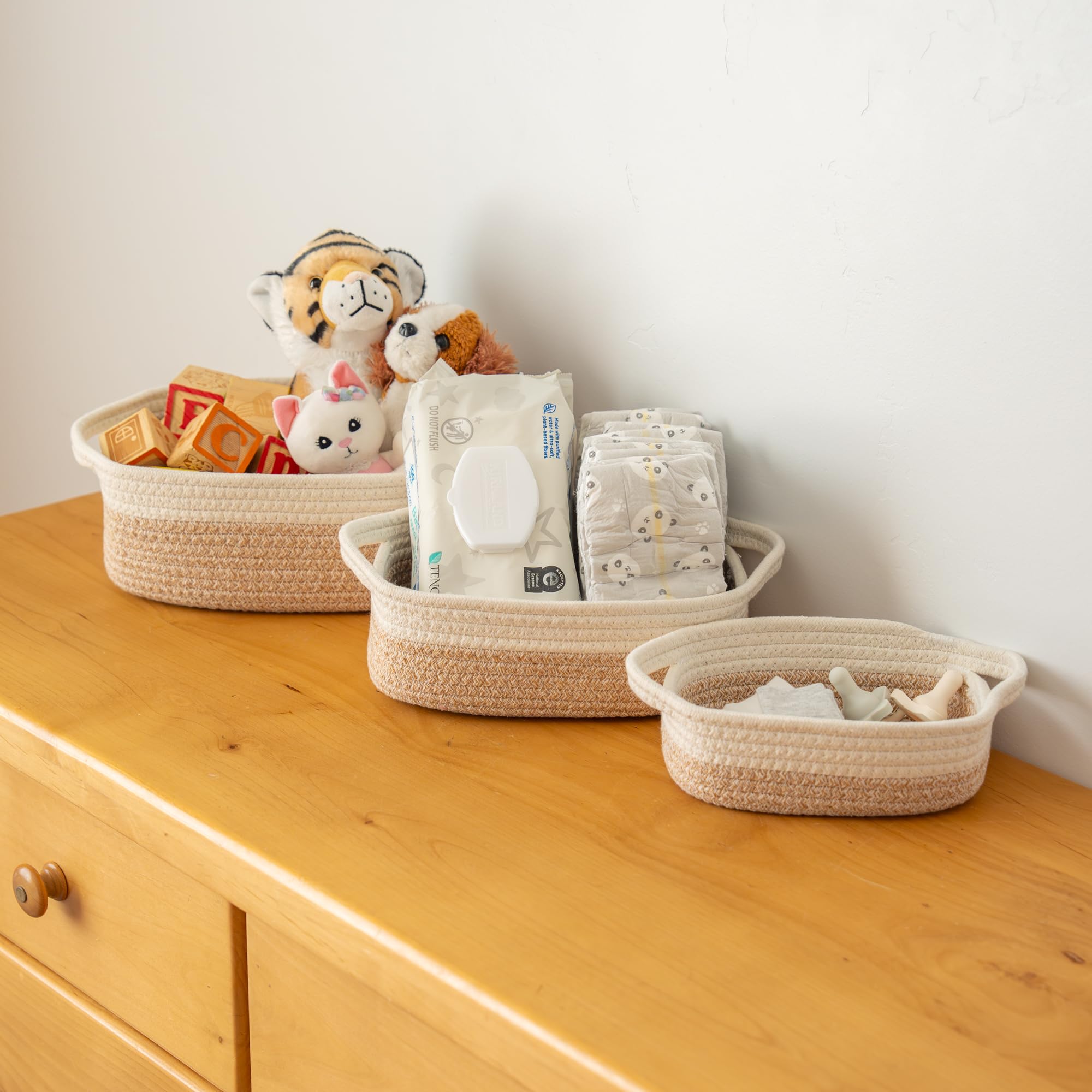 OrganiHaus Set of 5 Small Woven Rope Storage Baskets - Honey & White | Rectangle Organizing Bins for Bathroom, Nursery, Office & Home Decor | Space-Saving Storage Solution for Toiletries, Toys & Essentials
