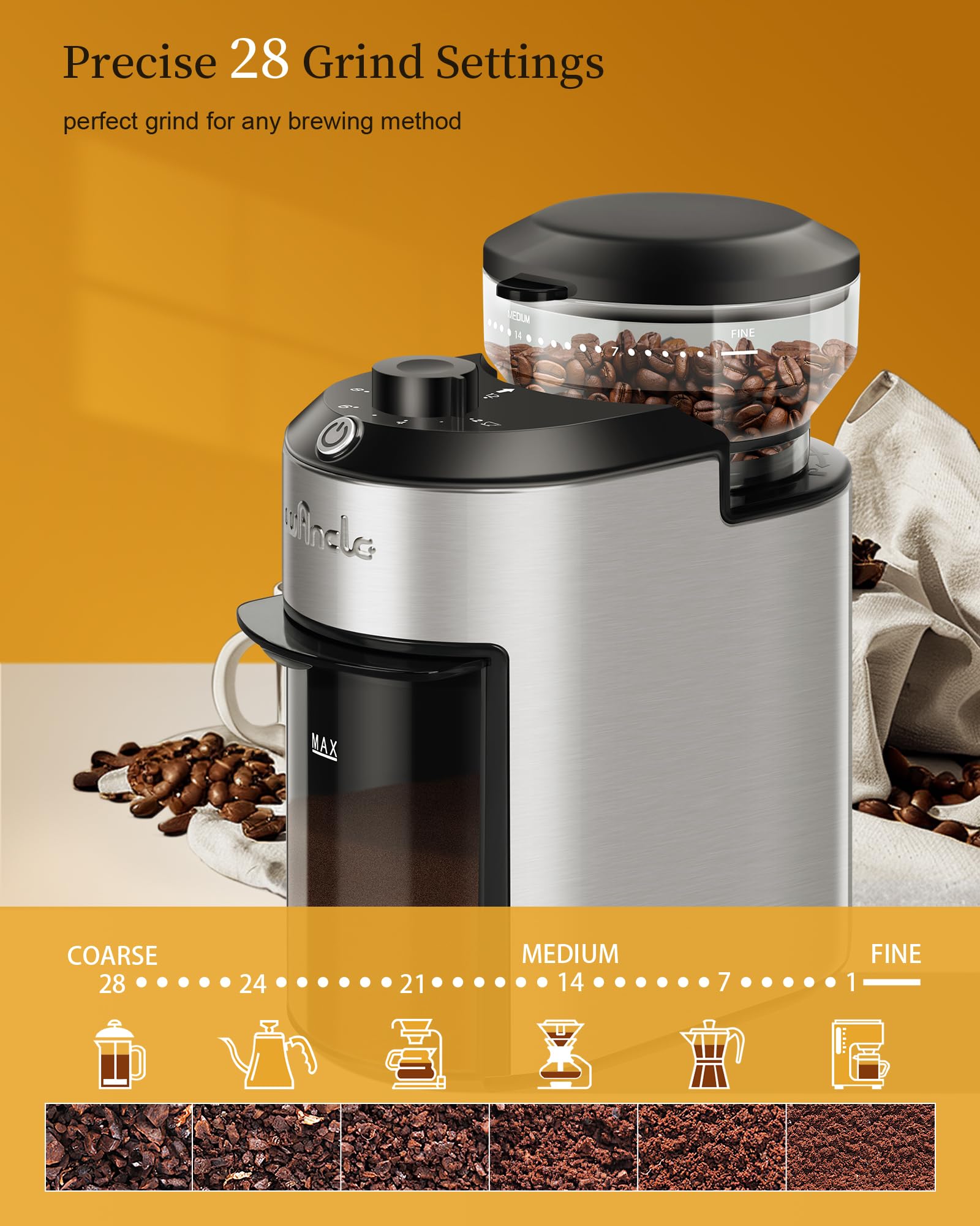 Premium Wancle Electric Burr Coffee Grinder - 200W Power with 28 Precise Grind Settings, Overheat Protection & 2-12 Cup Capacity | Compact Stainless Steel Design for Home, Office & Travel Use | Perfect for Espresso, French Press & Drip Coffee Makers