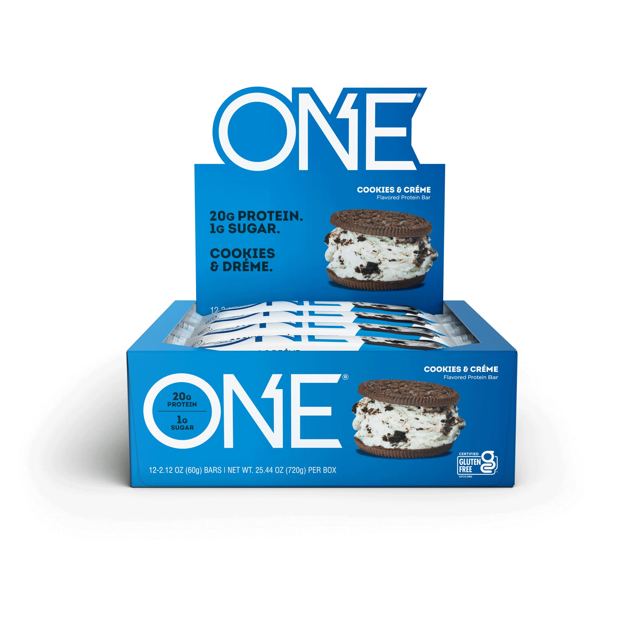 ONE Protein Bars - Gluten Free, 20g Protein & Only 1g Sugar - High Protein Diet Snacks - Cookies & Creme Flavor (2.12 oz, 12 Count) - Perfect for Post-Workout Recovery, Healthy On-The-Go Snacking & Weight Management