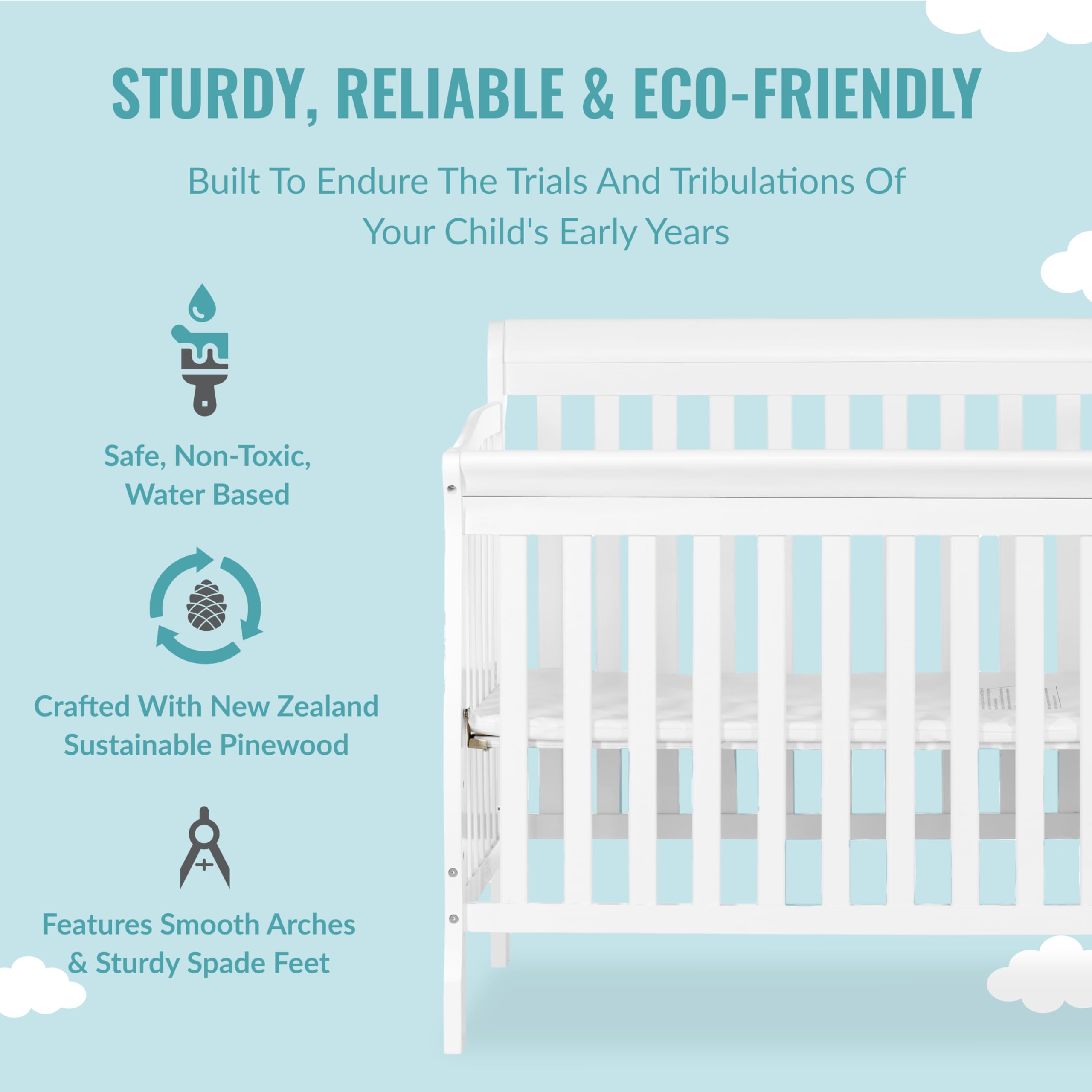 Dream On Me Jayden 4-in-1 Mini Convertible Crib & Changer - White | Greenguard Gold Certified | Non-Toxic New Zealand Pinewood | 1