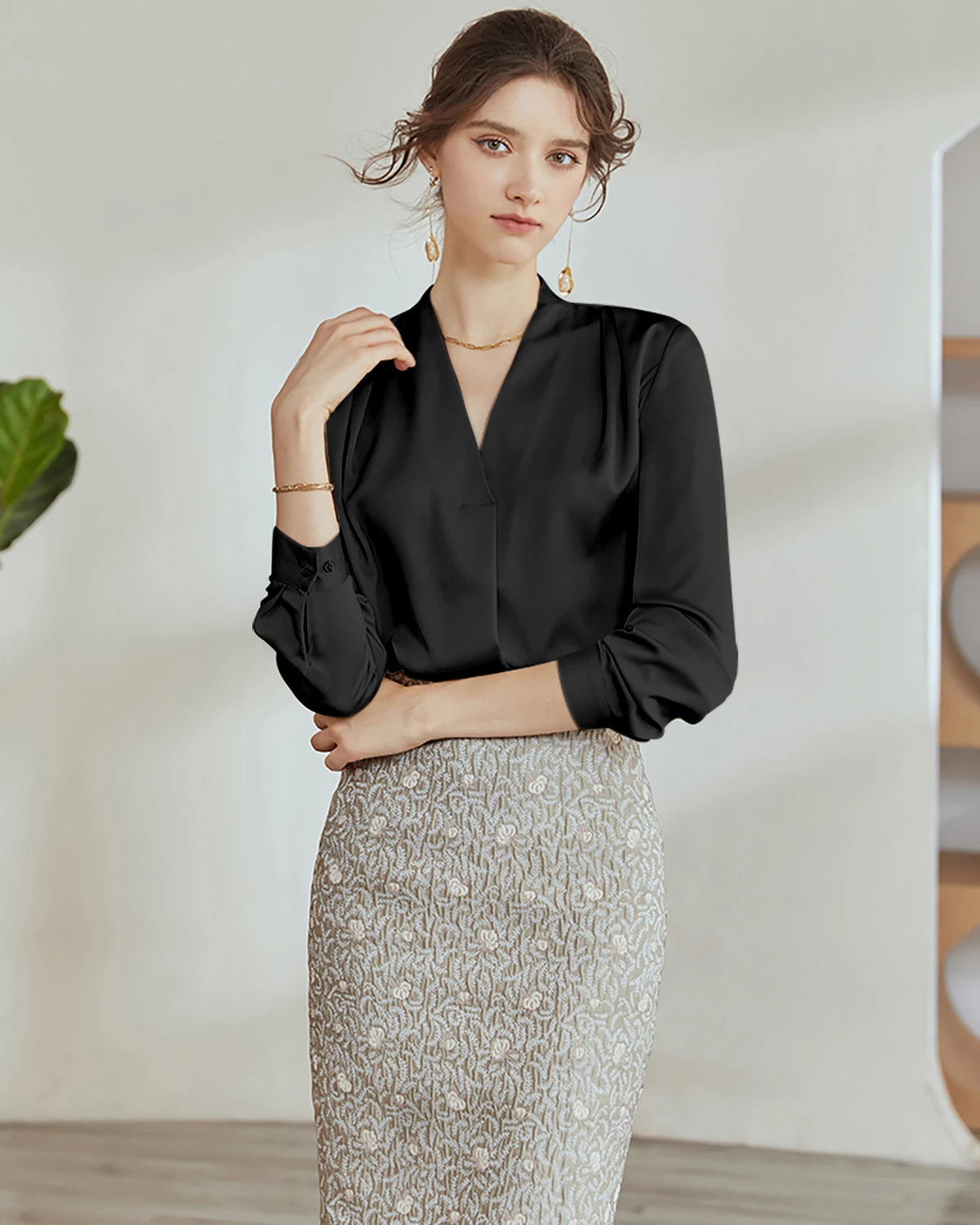 Elegant V-Neck Silk Pleated Blouse for Women - Luxurious Wrinkle-Free Office & Evening Wear - Perfect for Business Meetings, Date Nights & Special Occasions