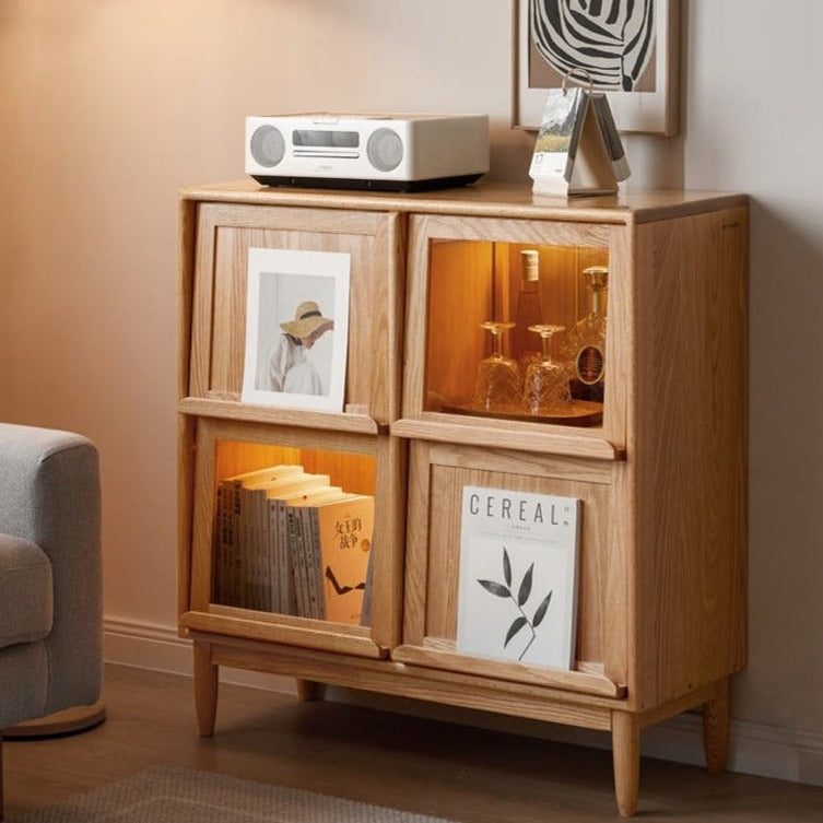 Solid Oak & Cherry Wood 4-Door Bookcase with Built-in Lighting - Modern Bookshelf for Living Room, Office, or Library - Perfect for Storing Books, Magazines, and Decorative Items