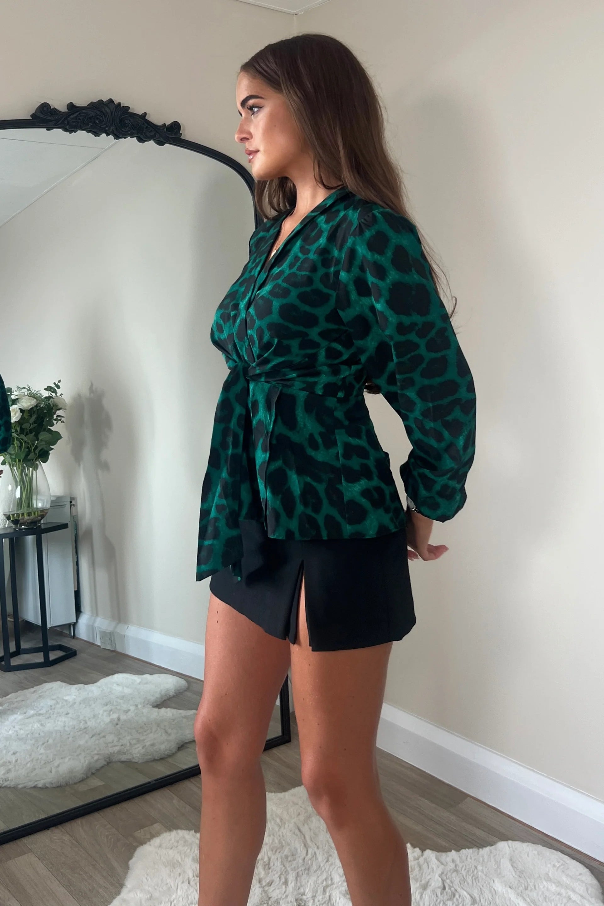 Brook Tie Front Top for Women - Green Animal Print Blouse, Casual & Elegant Style for Office, Date Night, and Summer Outfits