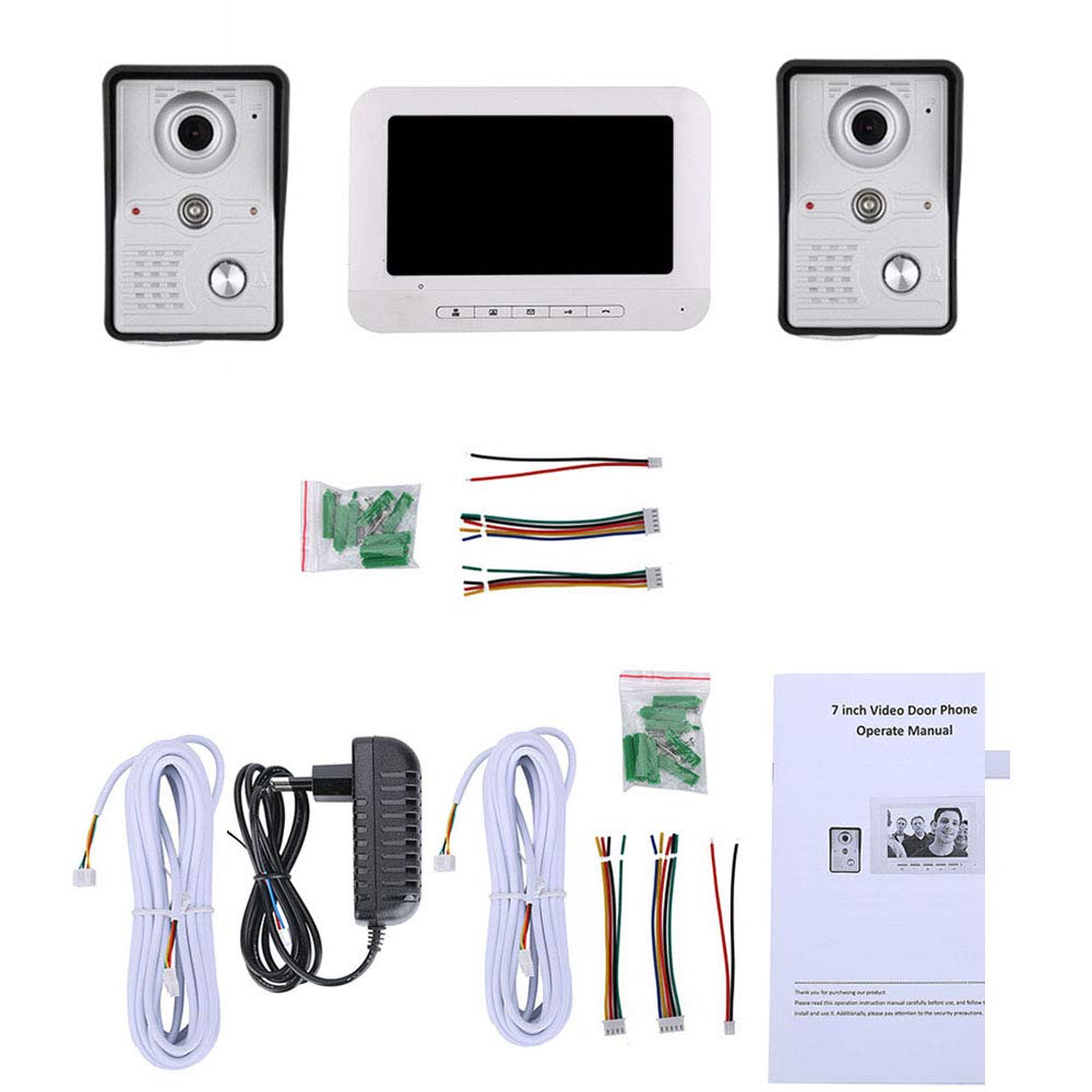 7 Inch LCD Video Intercom System with HD Night Vision - 700TVL Doorbell Camera Kit (2 Cameras + 1 Monitor) - White | Secure Home Entry & Apartment Communication Solution