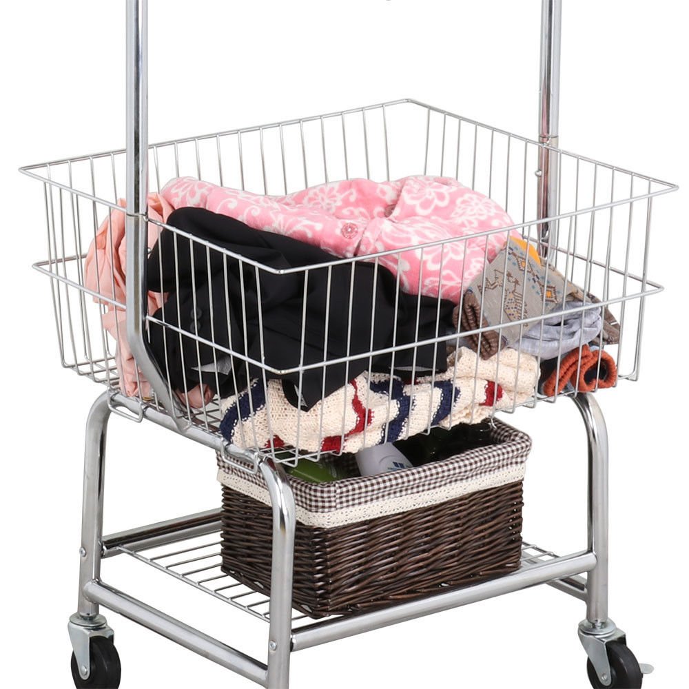 Foldable Rolling Laundry Cart with Storage Baskets & Double Pole Rack - Space Saving Clothes Hamper Organizer for Bedroom, Laundry Room & Dorm (Silver)
