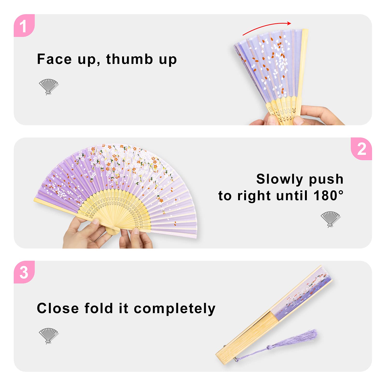 Elegant Slik Folding Hand Fan - Premium Bamboo Frame with Storage Bag & Tassel | Cooling, Performance, Decoration & Gift | Classic Ink Plum Violet Gradient Design | Perfect for Summer, Weddings, Theater & Home Décor