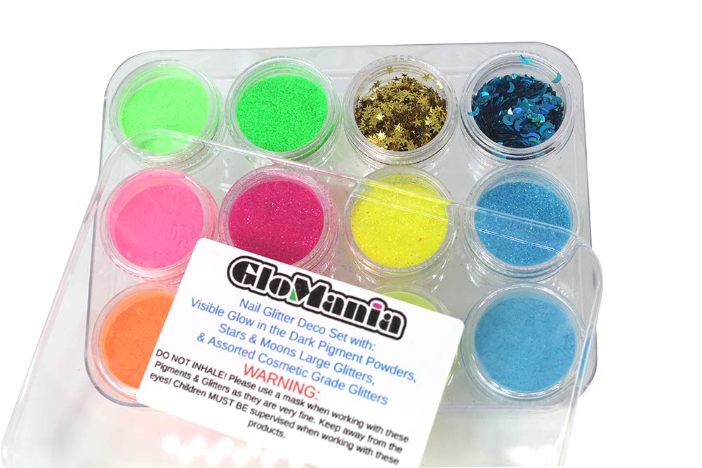 Glow in The Dark Nail Art Kit - GID Powder, Stars & Moons Decoration Set for DIY Nail Designs | Perfect for Halloween, Rave Parties & Nighttime Manicures