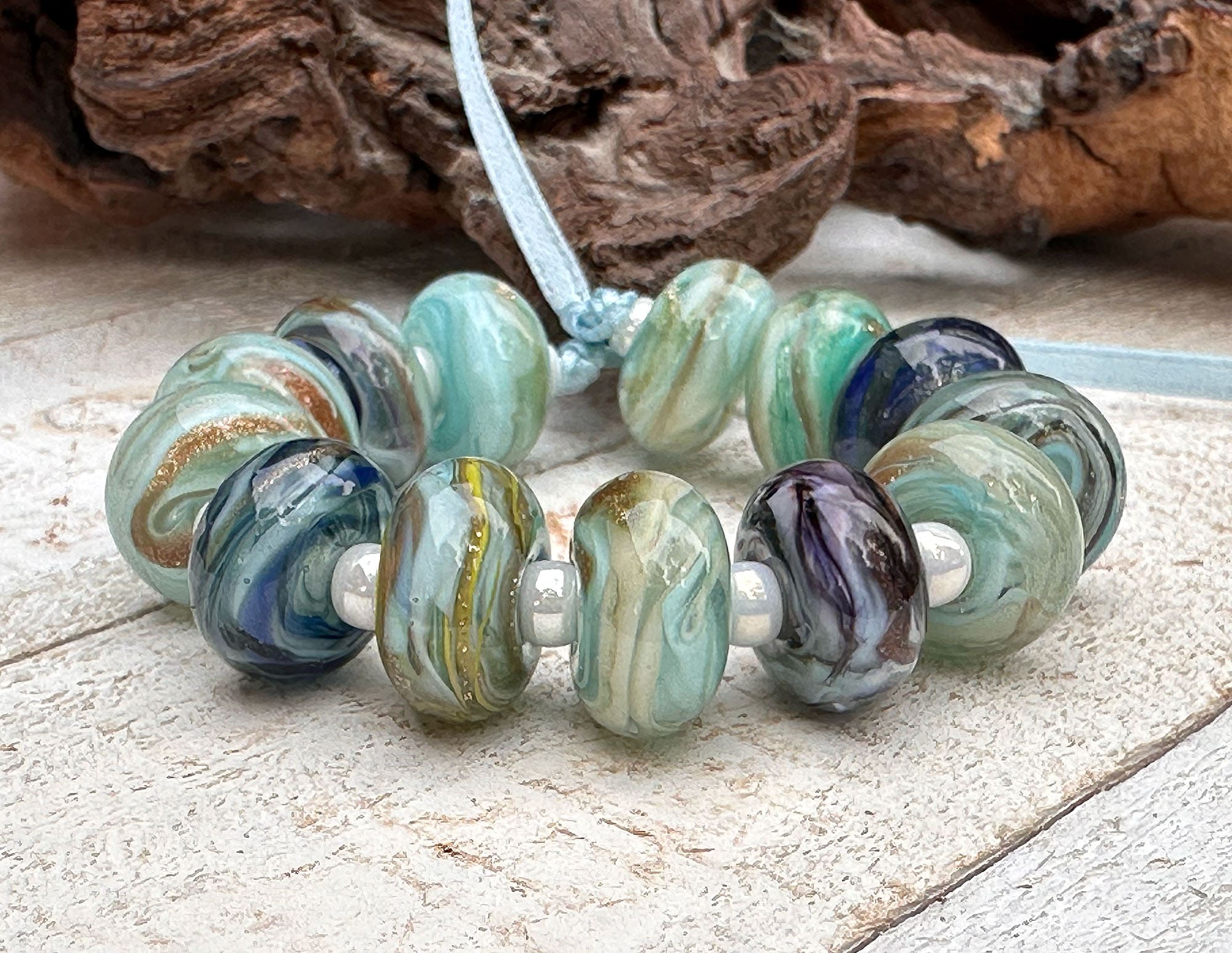 13pcs Turquoise Shimmer Glass Lampwork Beads for Jewelry Making - DIY Bracelet, Necklace, Earrings Craft Supplies - Perfect for Boho, Beach Style Accessories