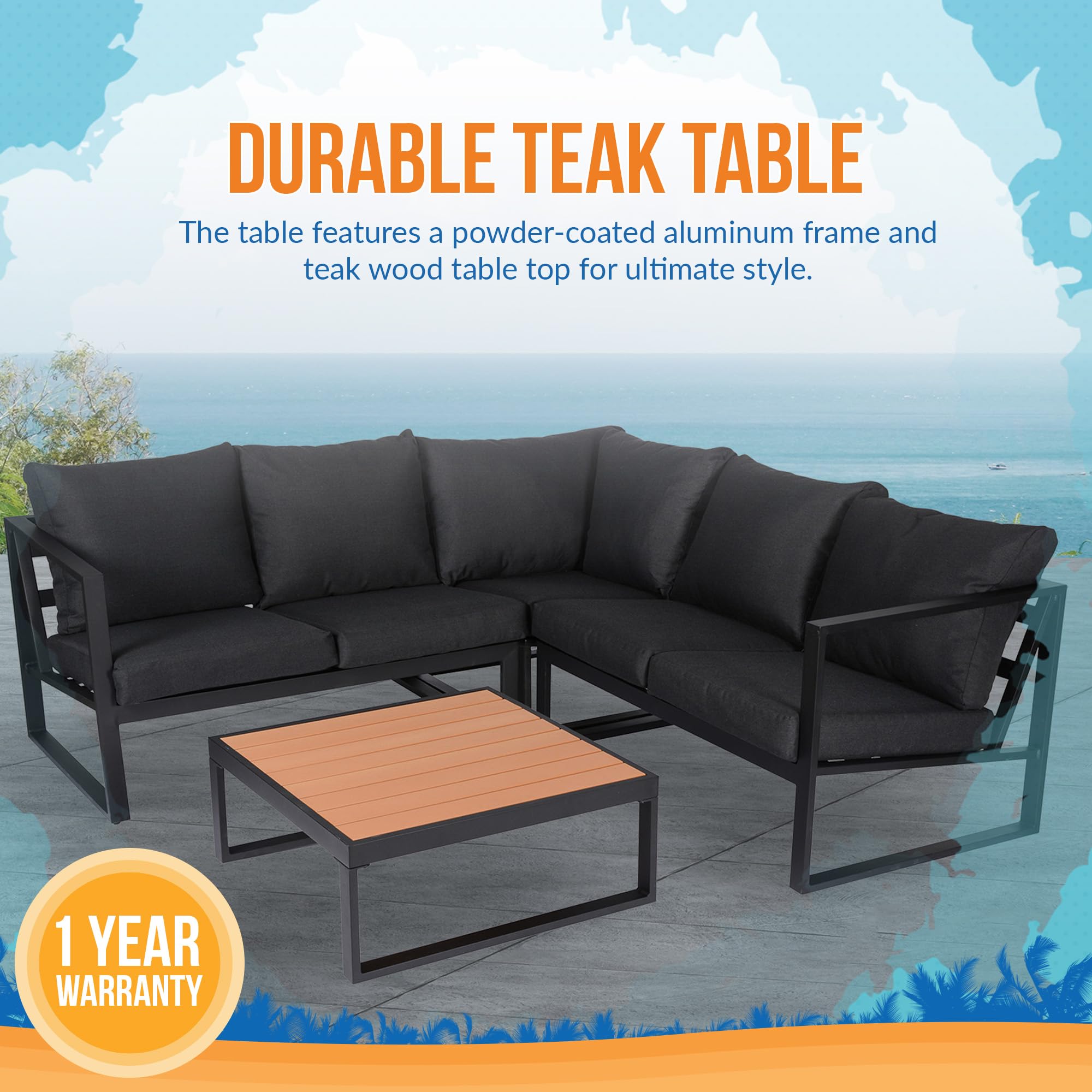 Monaco Outdoor Patio Sectional Furniture Set – 2 Loveseats, 1 Corner Sofa with Cushions & Coffee Table – Weatherproof Powder-Coated Aluminum Frame – Modern Slate Grey Outdoor Sectional – Perfect for Poolside, Garden or Backyard Relaxation