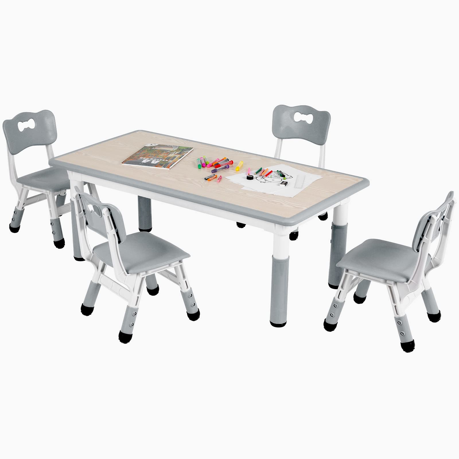 Arlopu Adjustable Height Kids Table and 4 Chair Set - Non-Slip Toddler Activity Table with Graffiti-Proof Desktop - Perfect for Reading, Arts & Crafts, Daycare, Classroom and Home Use (Grey)