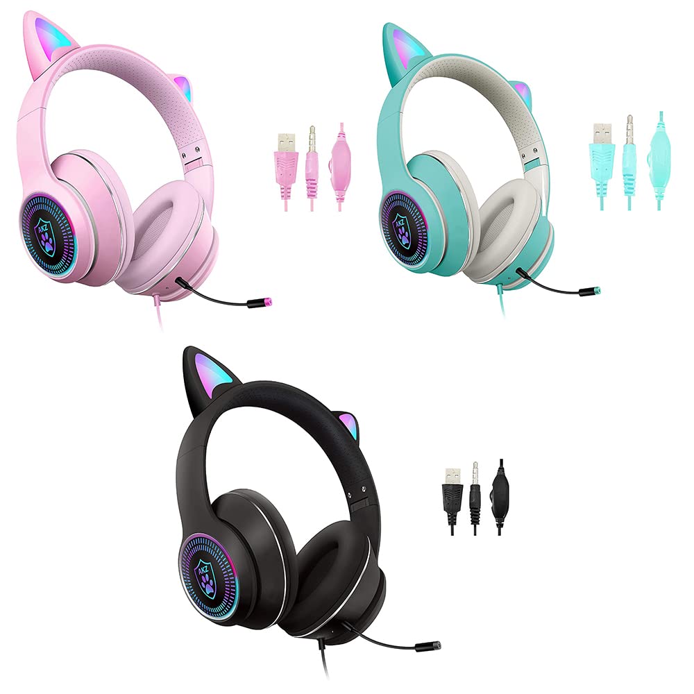 LED Cat Ear Gaming Headset with Microphone - Wired 3.5mm AUX Stereo Sound, RGB Light Effects, Over-Ear Comfort for PC, PS4, Switch, Mobile & Laptop (3 Colors) - Perfect for Live Streaming, Gaming Sessions & Cosplay Events