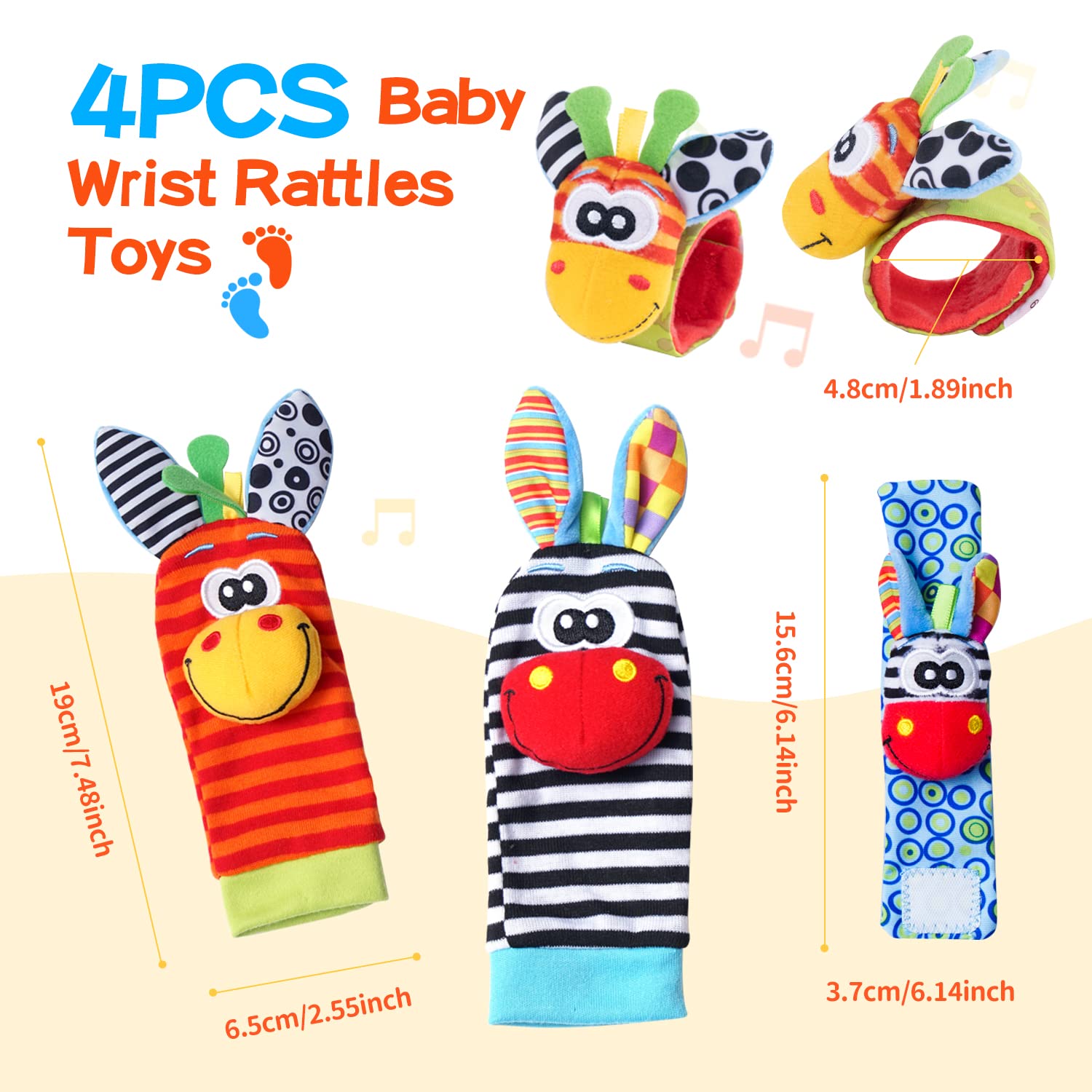 Koty Baby Wrist Rattles & Foot Finder Toys Set - Newborn Infant Rattle Socks, Arm Bracelet & Ankle Socks for Boys & Girls - Soft Sensory Developmental Toys for 0-12 Months - Perfect Baby Shower Gift & Early Learning Playtime Accessories