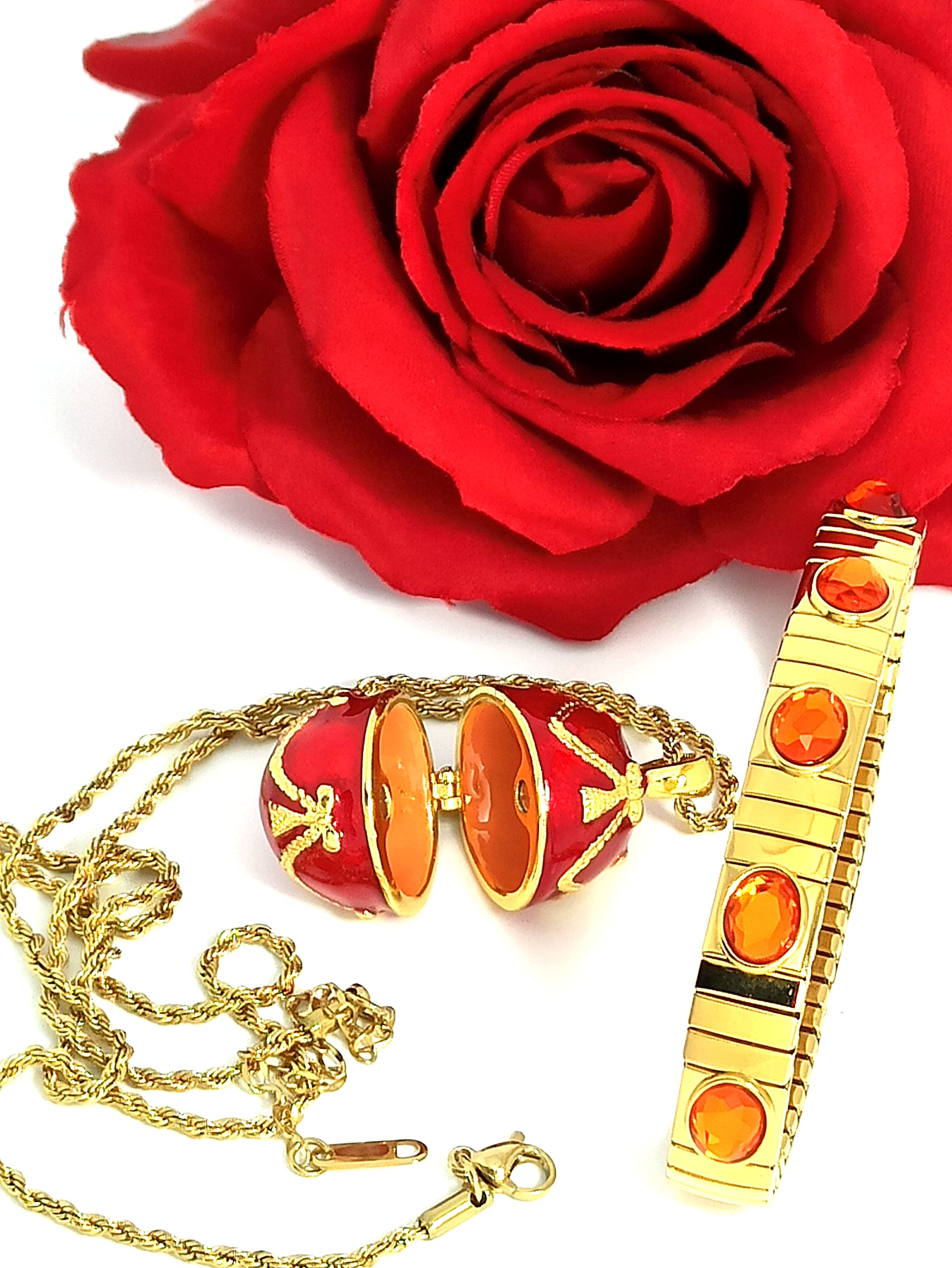 24K Gold Red Faberge Necklace & Bracelet Set with 1.5