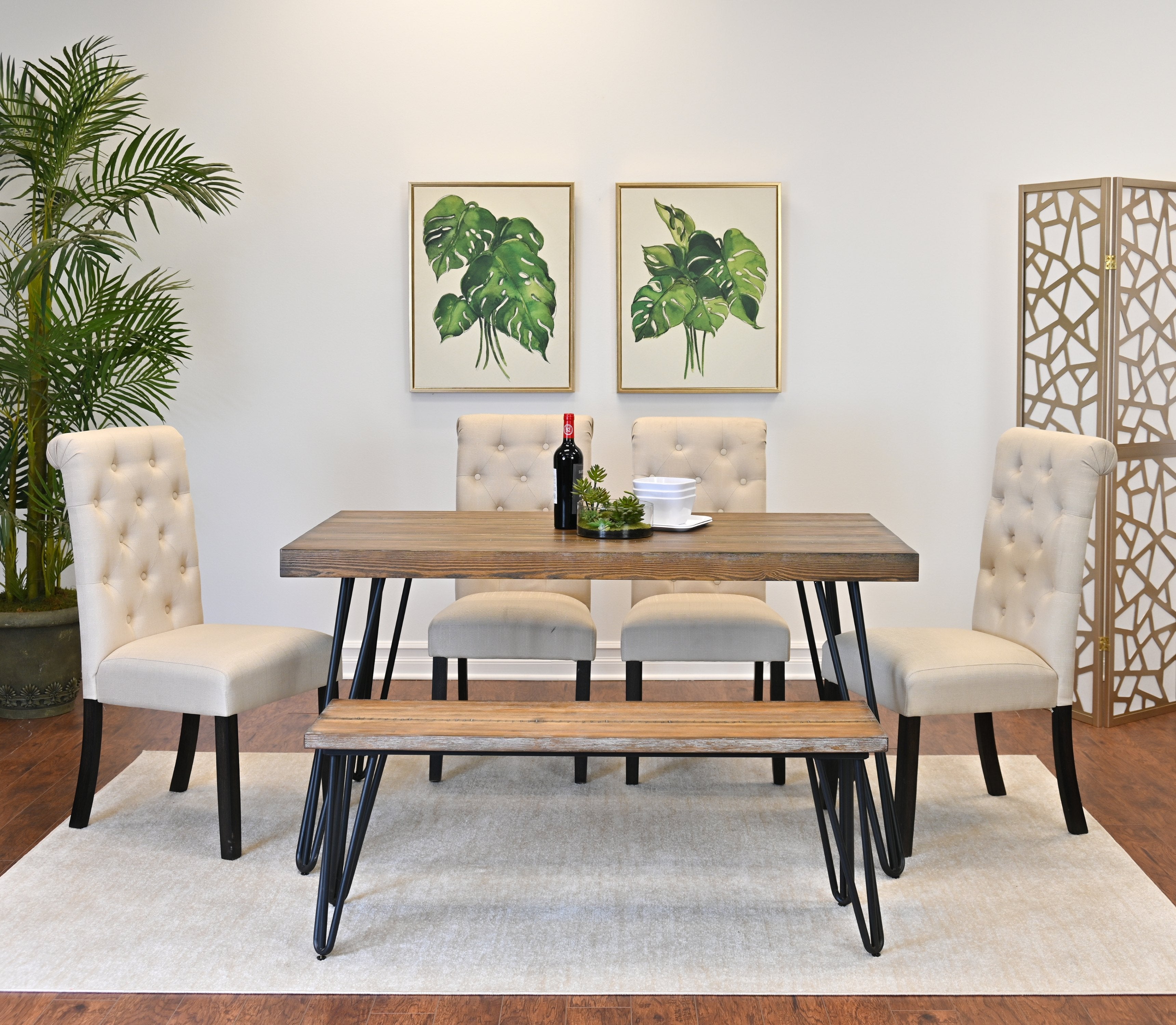 Roundhill Furniture Ashford 6-Piece Dining Set - Hairpin Leg Dining Table with 4 Chairs & Bench - Modern Kitchen & Dining Room Furniture for Small Spaces