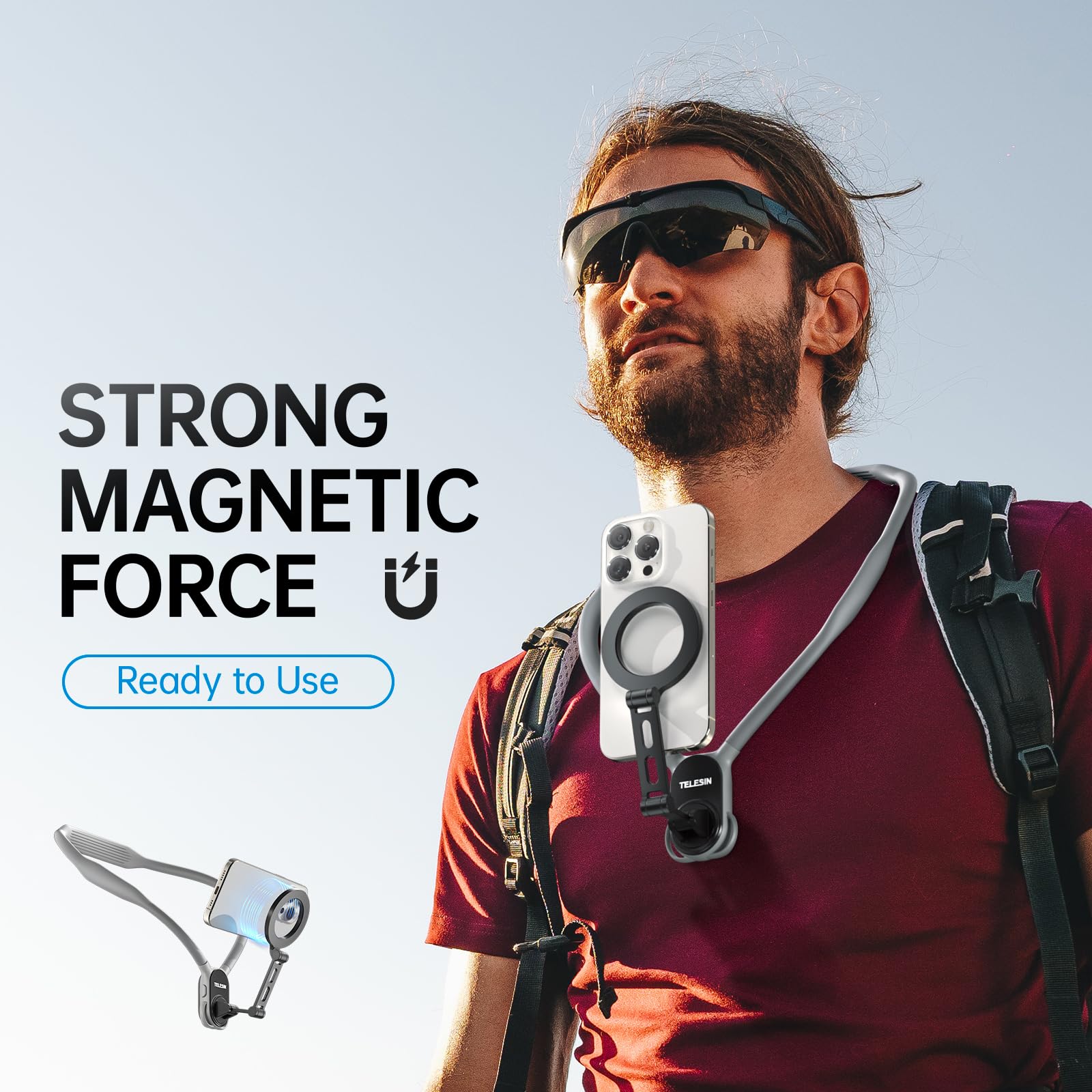 TELESIN Magnetic Phone Neck Mount - Hands-Free POV/Vlog Selfie Holder for iPhone 16/15/14/13/12 & Android - Adjustable Chest Strap for Video Recording, Live Streaming & Outdoor Activities