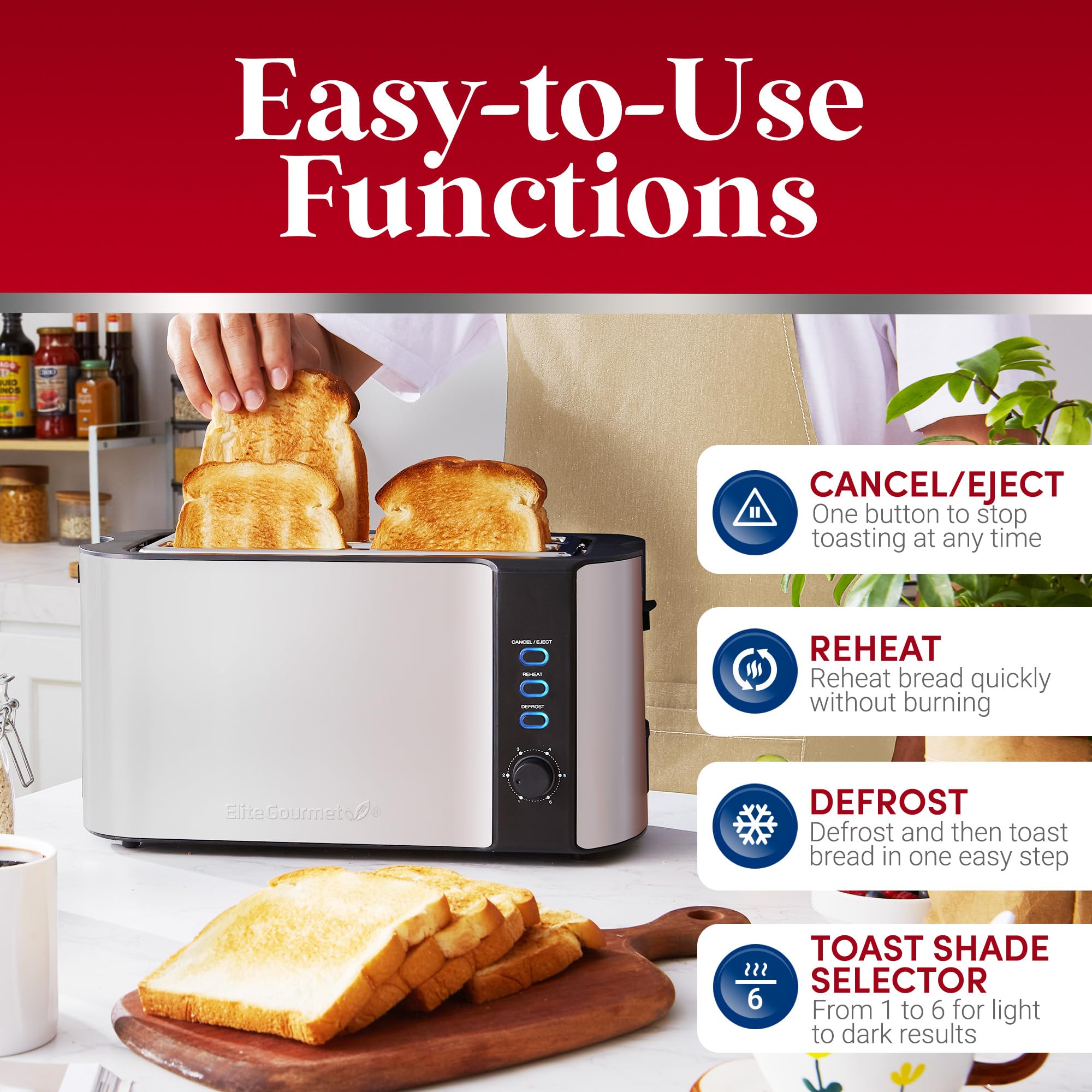 Elite Gourmet ECT-3100 4-Slice Toaster with Extra Wide Slots - 6 Toast Settings, Defrost, Reheat & Cancel Functions - Built-in Warming Rack for Bagels, Waffles & Bread - Stainless Steel & Black Design - Perfect for Breakfast, Brunch & Family Gatherings