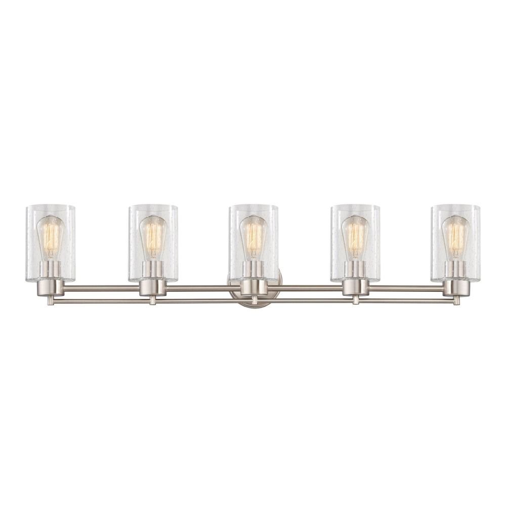 Seeded Glass Bathroom Vanity Light Fixture - Satin Nickel Finish - 5 Light Chandelier for Modern Bathroom & Powder Room Decor