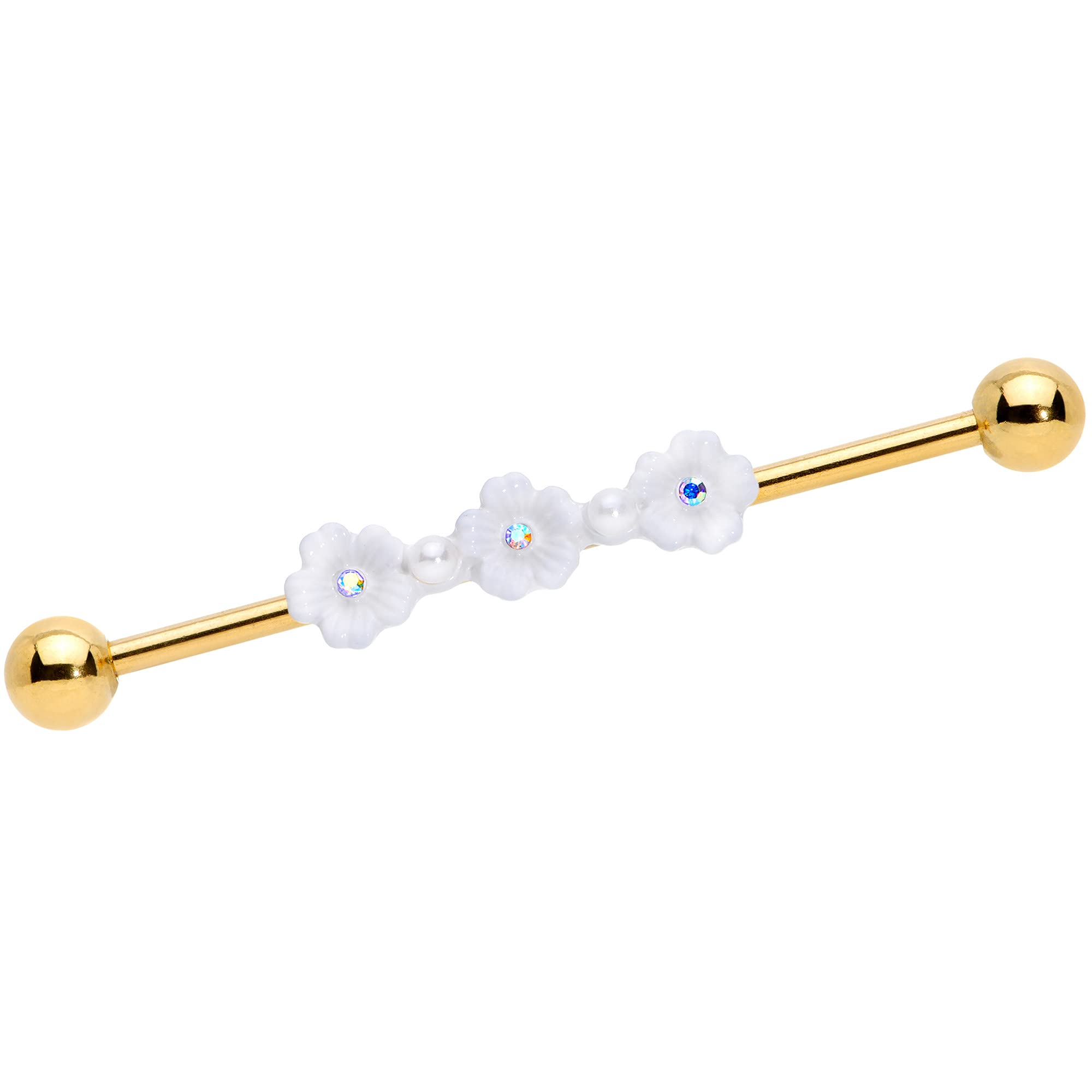 14G Stainless Steel Helix Cartilage Earring with White Flower Design - Body Candy Women's Industrial Barbell Piercing Jewelry 38mm - Perfect for Cartilage, Helix, and Industrial Piercings, Great for Everyday Wear and Special Occasions