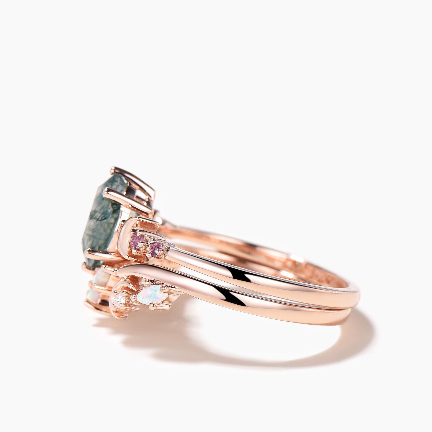 Natural Moss Agate & Amethyst Oval Cut Crescent Moon Ring for Women - Elegant Bridal Jewelry, Wedding Band, Boho Engagement Ring, Spiritual Gift for Her
