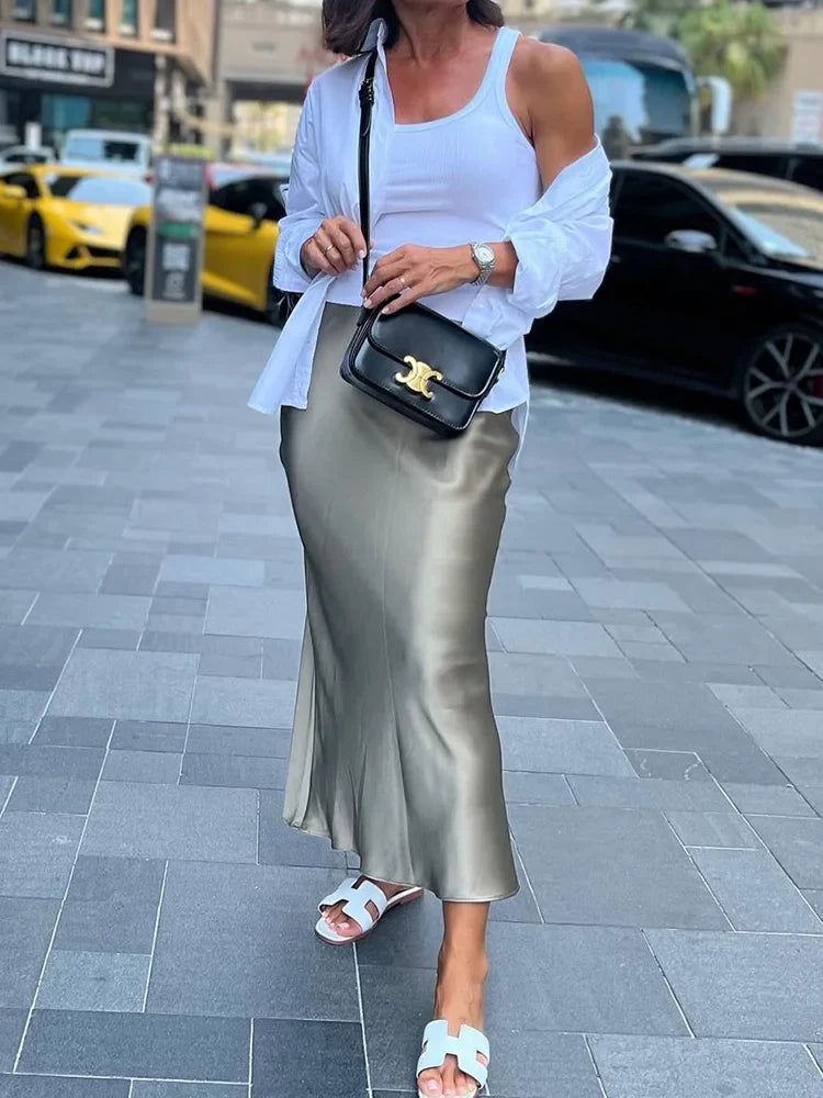 HH TRAF Women's High Waisted Midi Skirt - Elegant Satin Bodycon Mermaid Skirt for Women, Sexy Tight Long Skirt for Party, Date Night, Office Wear & Casual Outfits
