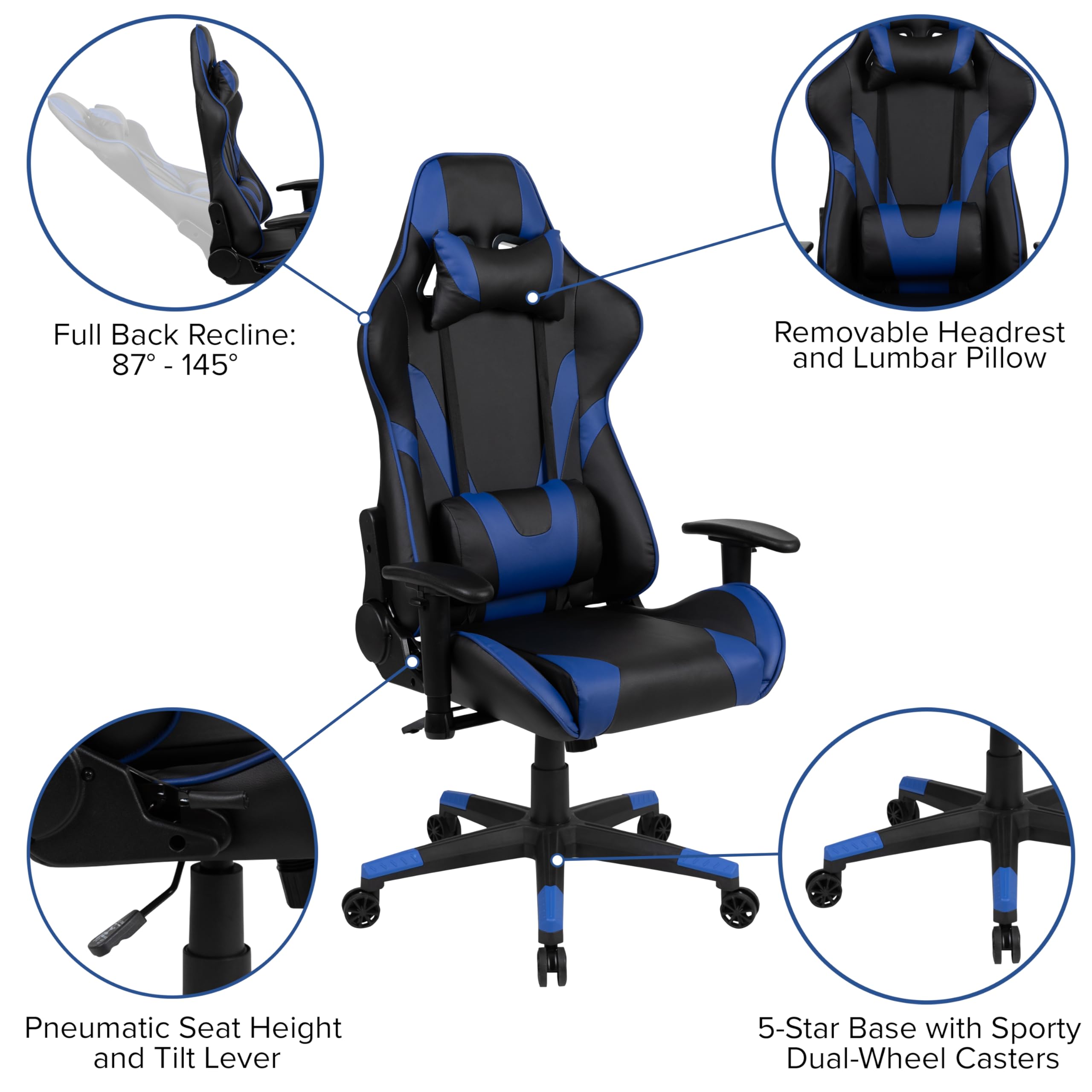 EMMA + OLIVER Gaming Bundle - Ergonomic Desk with Cup Holder, Headphone Hook & Blue Reclining Chair for Ultimate Gaming Setup | Perfect for PC Gamers & Streaming Enthusiasts
